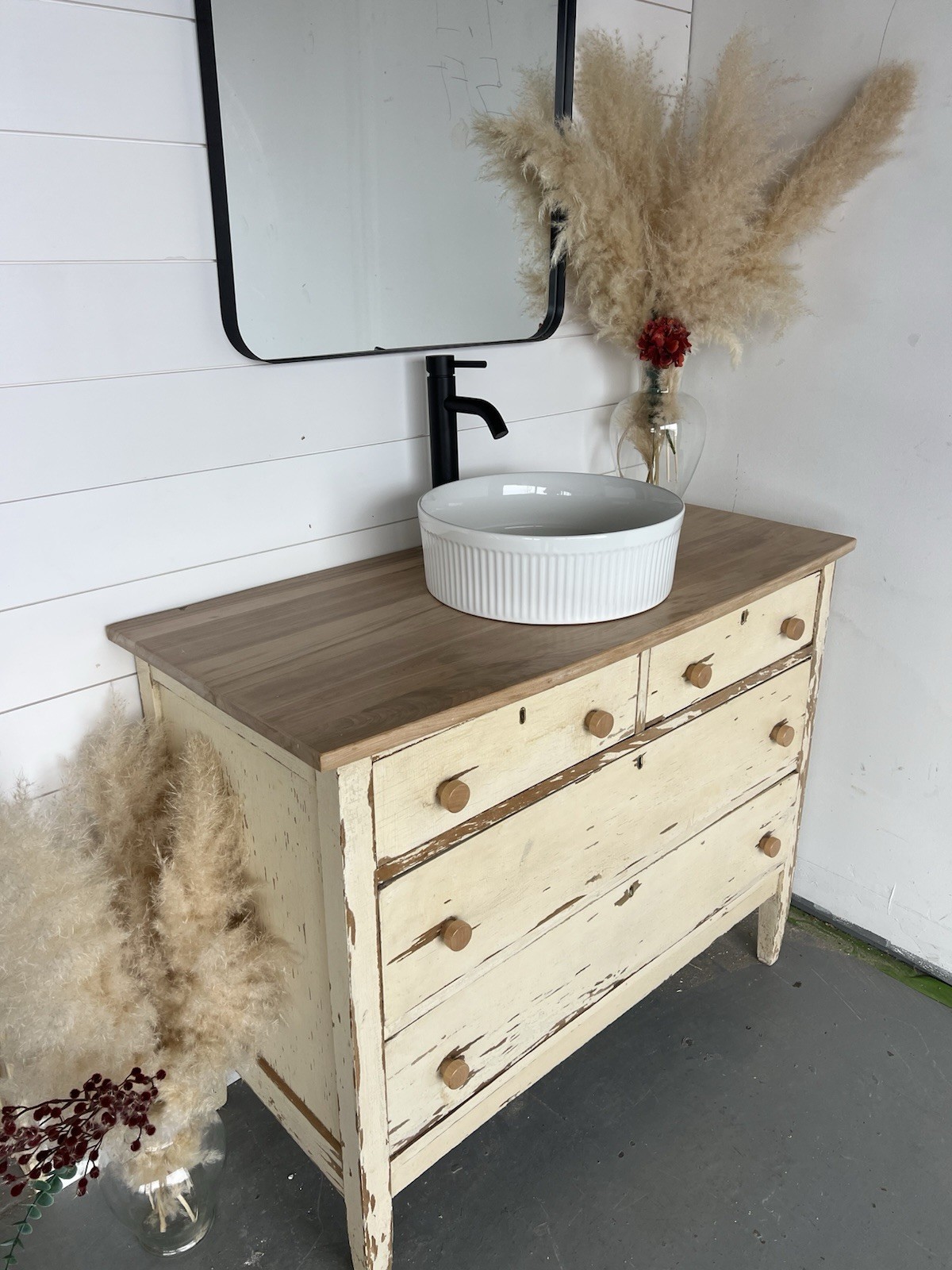 Distressed Wood Bathroom Vanity with Vessel Sink, 2 Drawers, Traditional