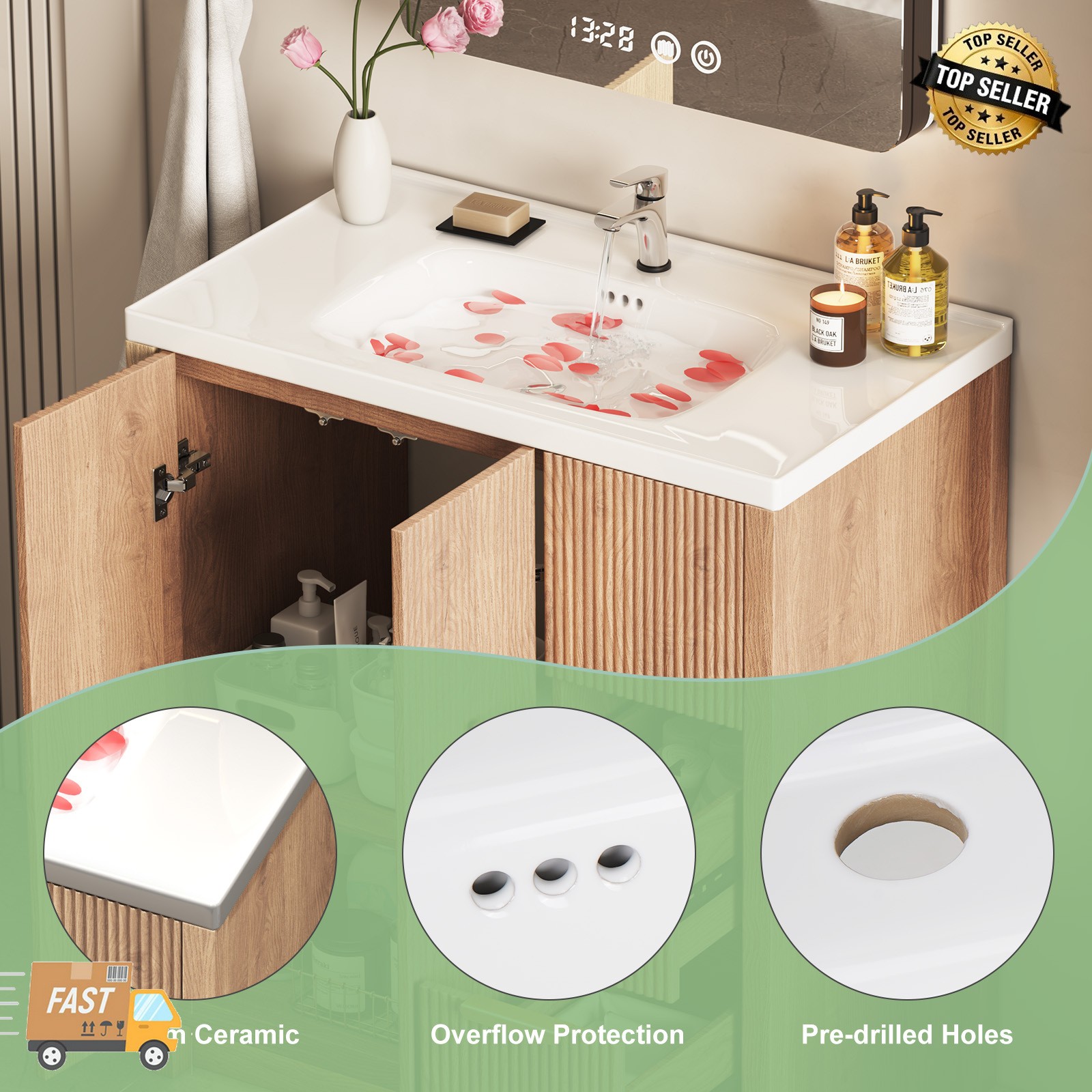 31 Inch Wooden Bathroom Vanity with Ceramic Sink Modern Bath Storage Cabinet
