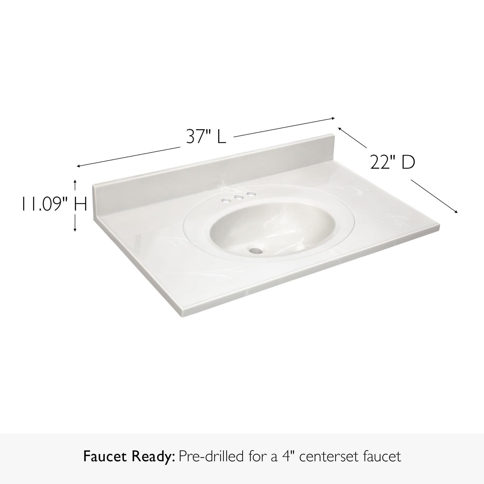 Cultured Marble White on White Vanity Top 37 Inch x 22 Inch