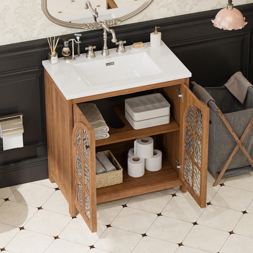30 Inches Bathroom Vanity with Ceramic Sink, Vintage Rustic Bathroom Cabinet