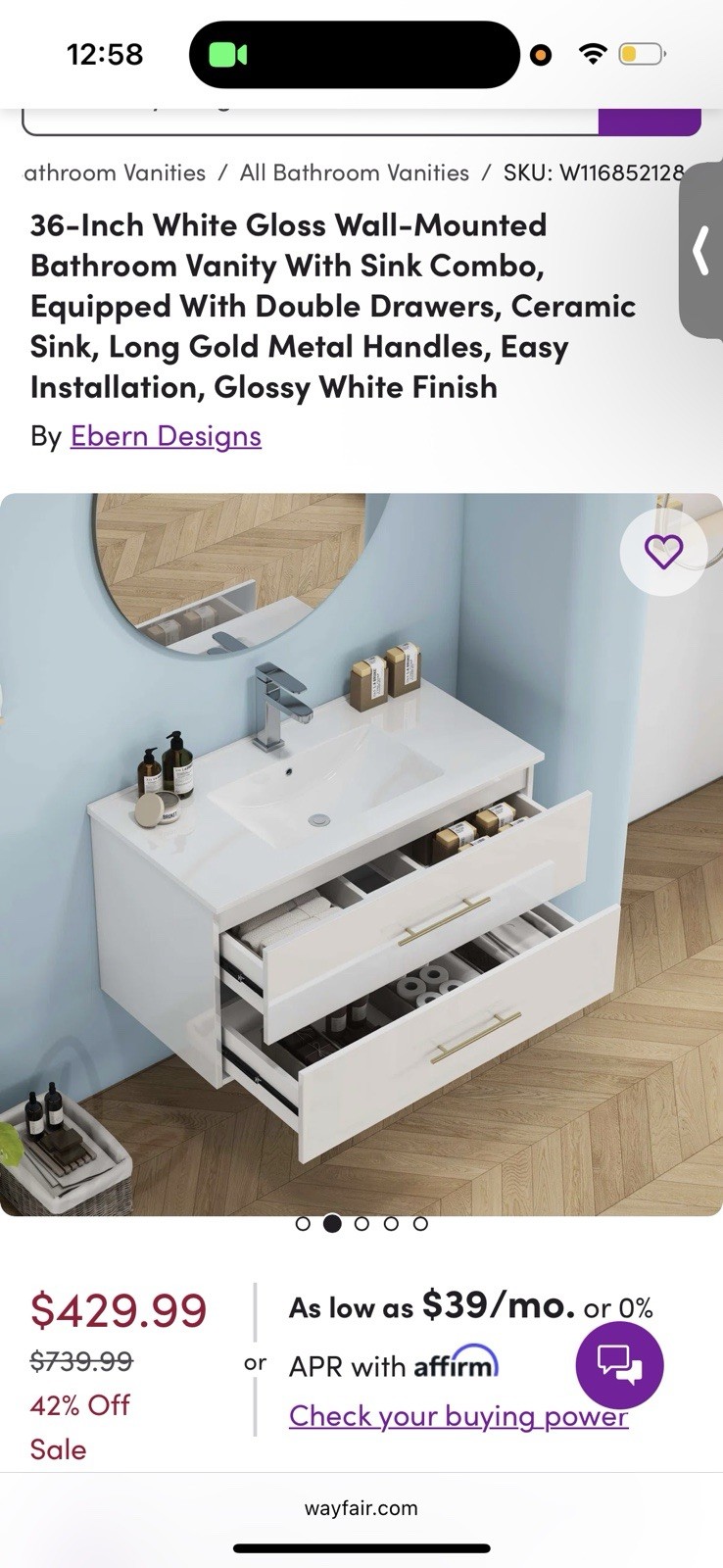 36-Inch Wall-Mounted Vanity, Glossy White, Ceramic Sink, 2 Drawers