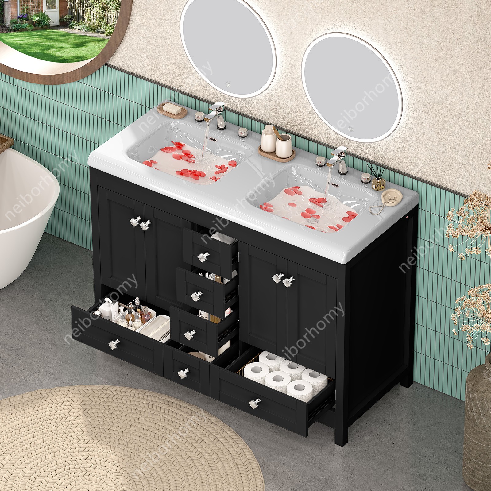 47″ Bathroom Vanity Cabinet with Double Sink Ceramic and 5 Drawers Freestanding