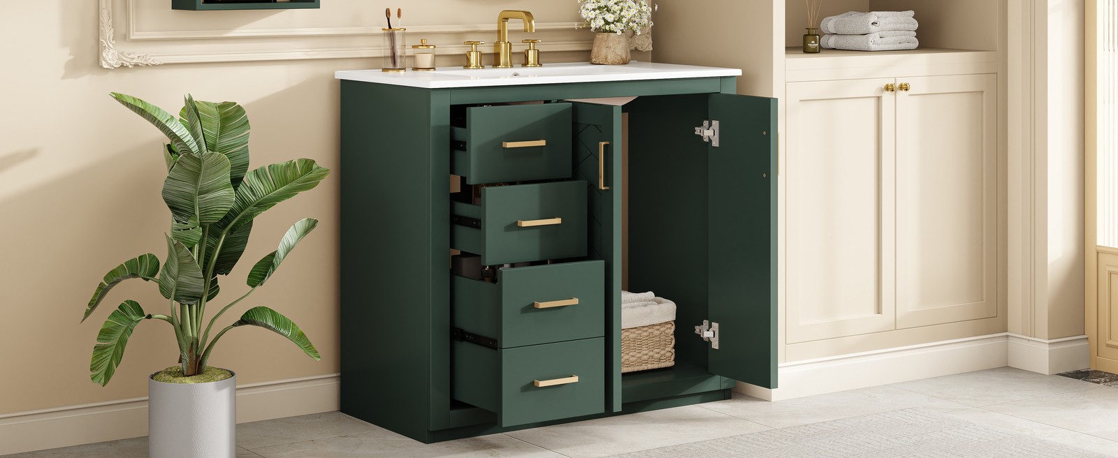 36″ Bathroom Vanity with Ceramic Sink, Solid Wood Frame, 3 Drawers