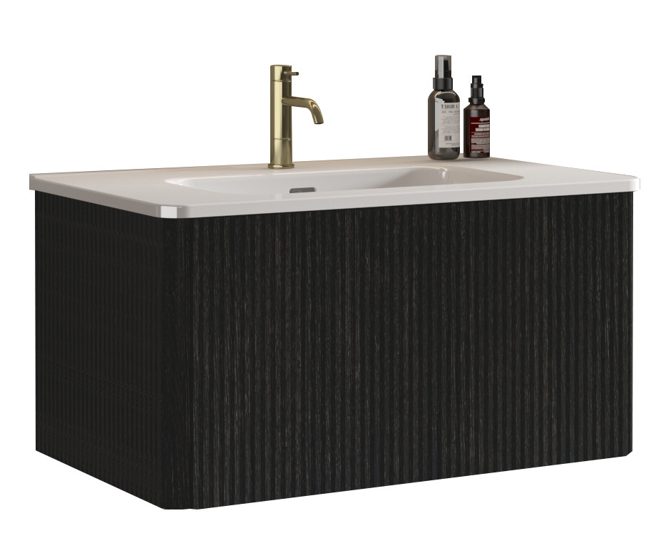 Etna 30″ Brushed Black Oak Floating Bathroom Vanity with White Ceramic Sink
