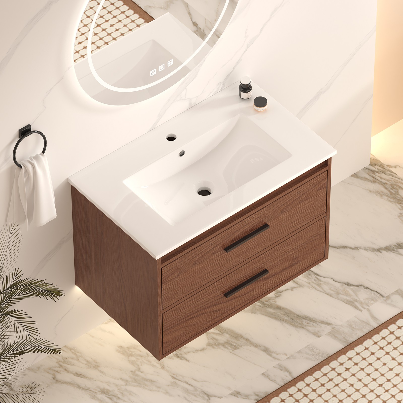 30″ reddish brown Wall Mounting Bathroom Vanity with Soft Close 2 Drawers