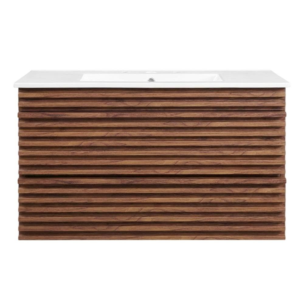Walnut White 36-Inch Wall-Mount Bathroom Vanity with Ceramic Sink