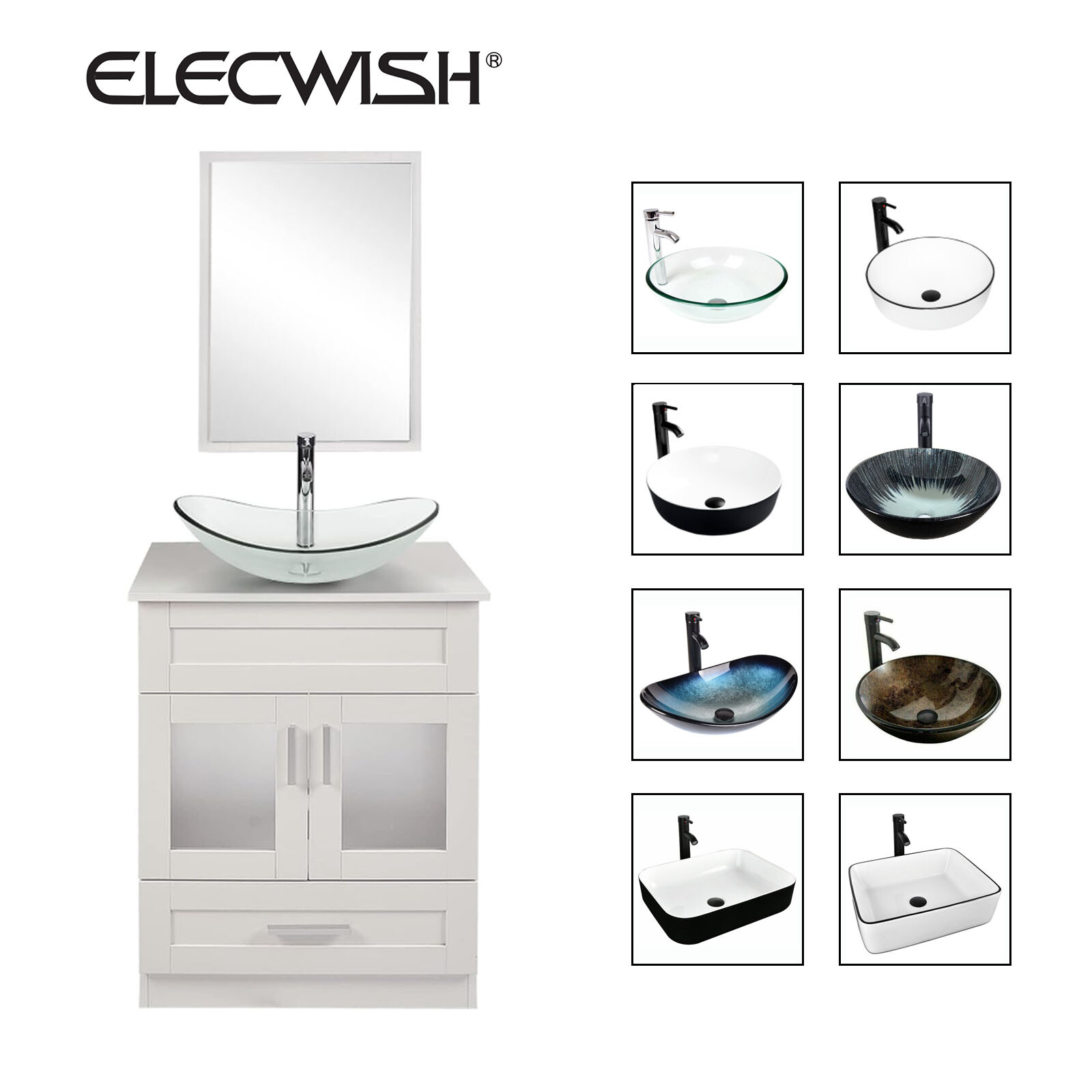 24in Bathroom Vanity Set Bathroom Cabinet with Mirror & Vessel Sink Faucet Combo