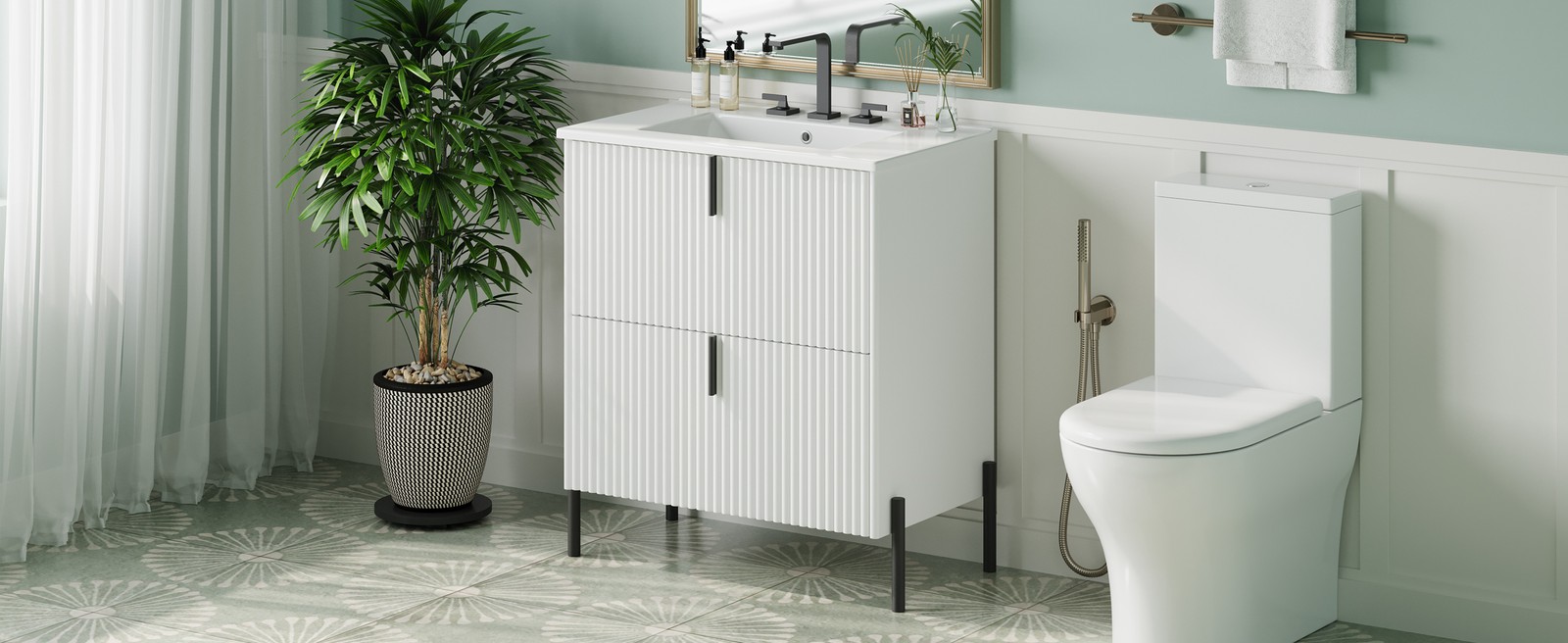 30″ White Bathroom Vanity with Ceramic Sink & Soft Close Drawers