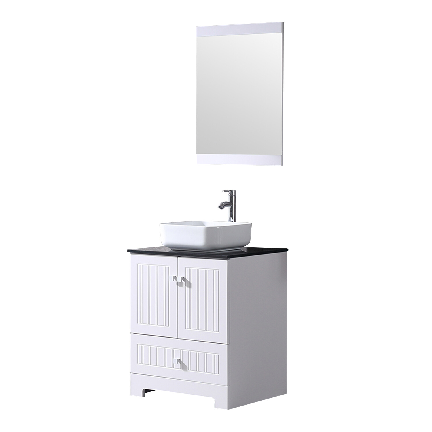 24″ Bathroom Single Vanity PVC Cabinet Basin Ceramic Sink Faucet w/ Mirror Set