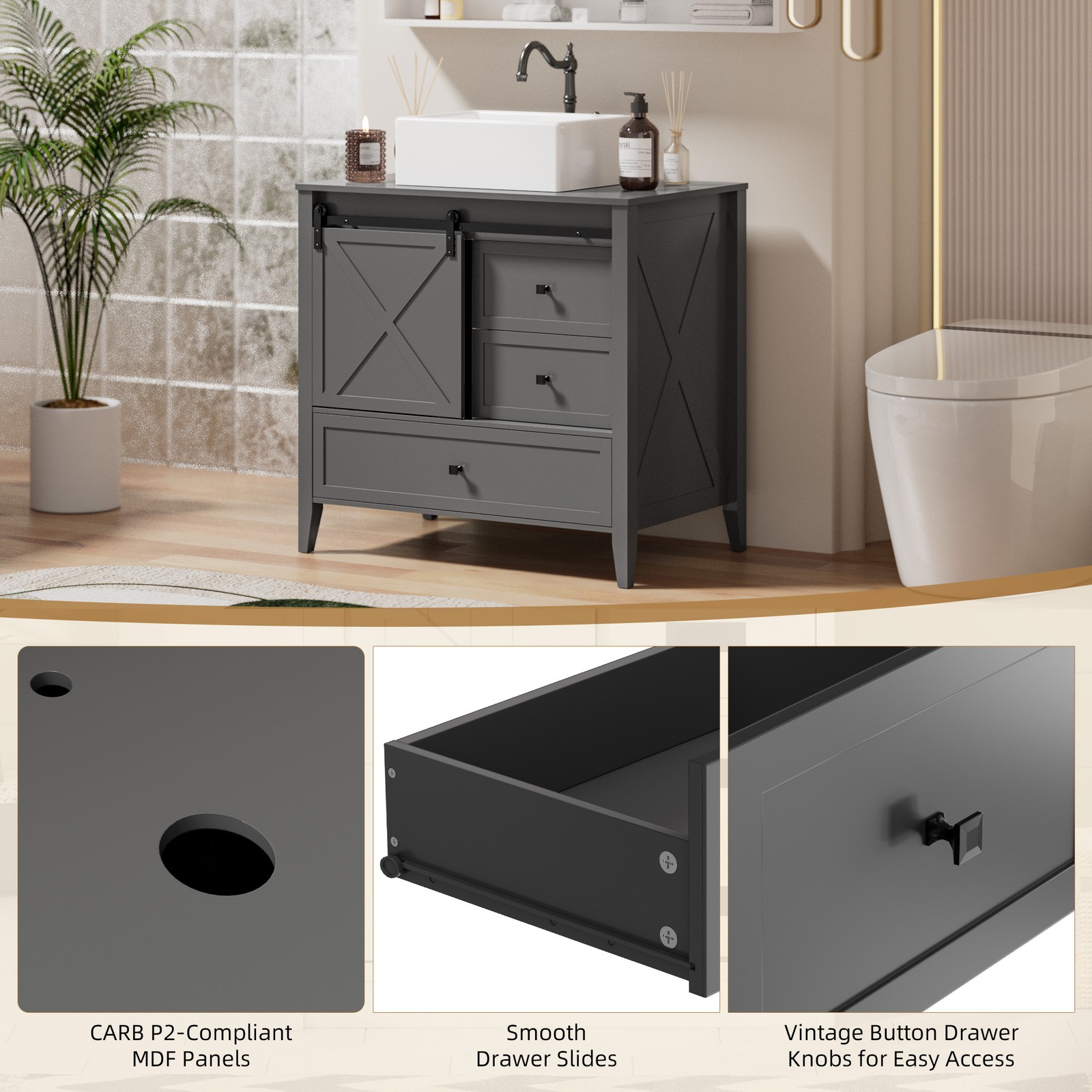 36″ Bathroom Vanity w/ Sink Ceramic Freestanding Cabinet Sliding Barn Door Wood