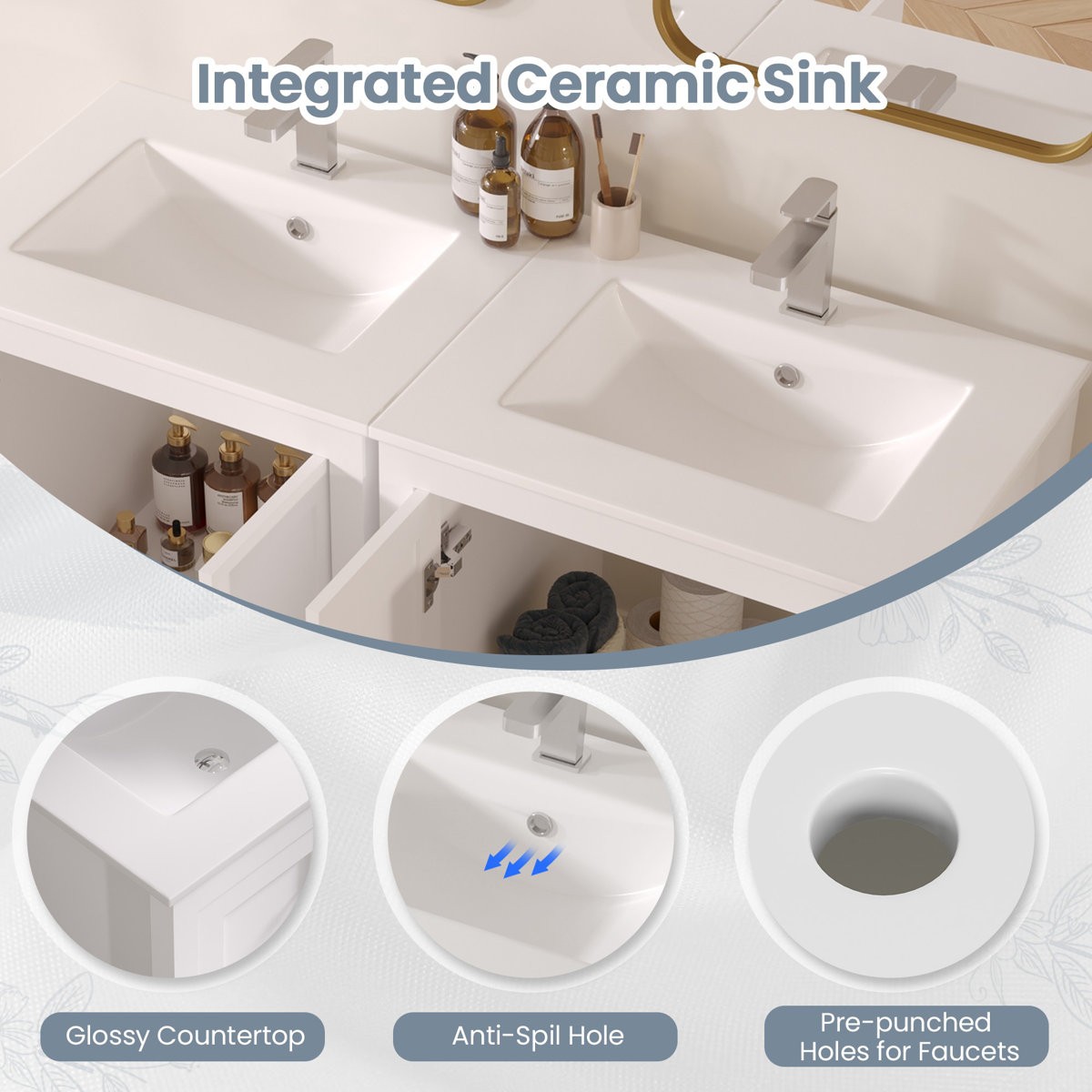 24″ Single Bathroom Vanity with Sink Ceramic Top Modern White Cabinet Drawers