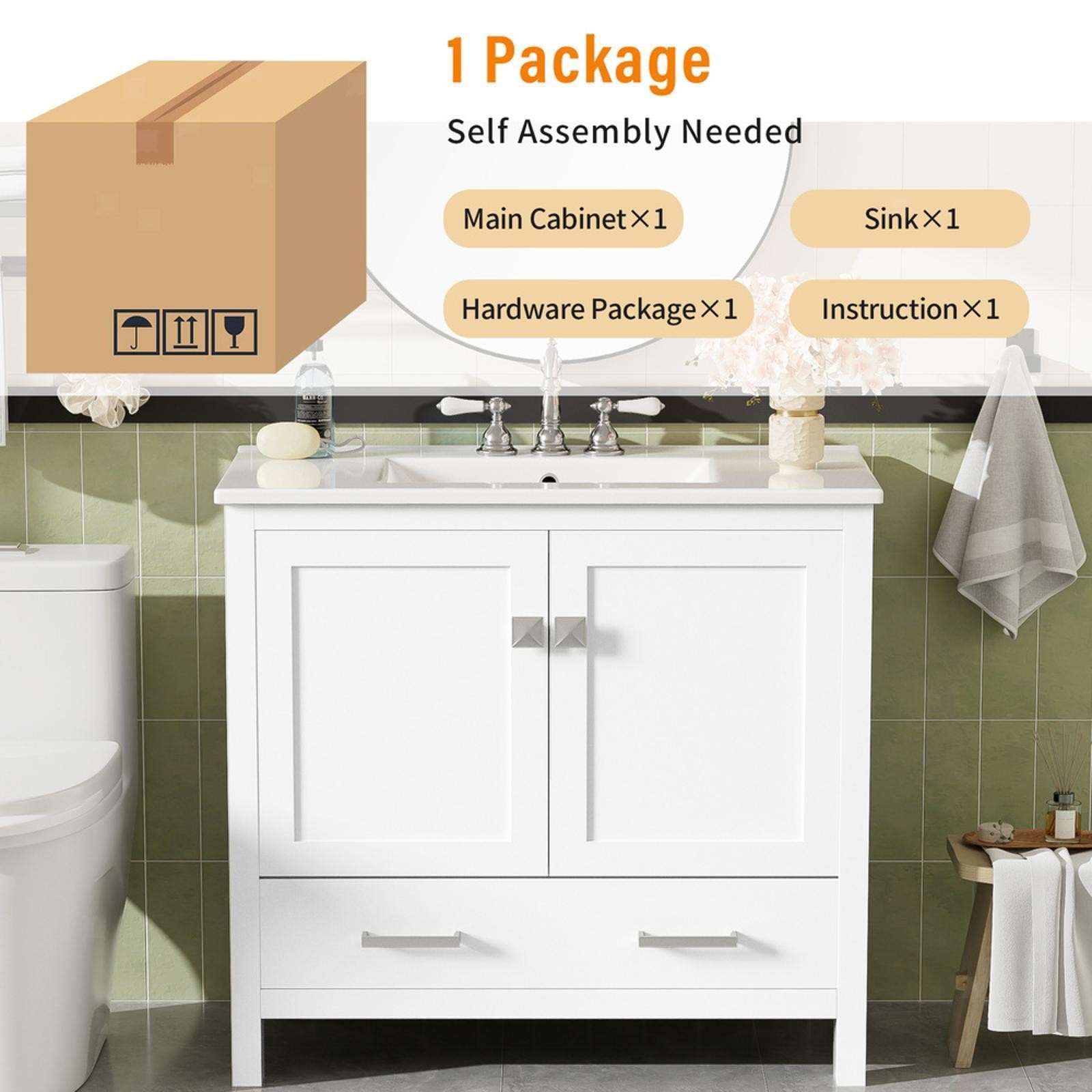 36-Inch Bathroom Vanity with Soft-Close Doors, Overflow-Protected Ceramic Sink &