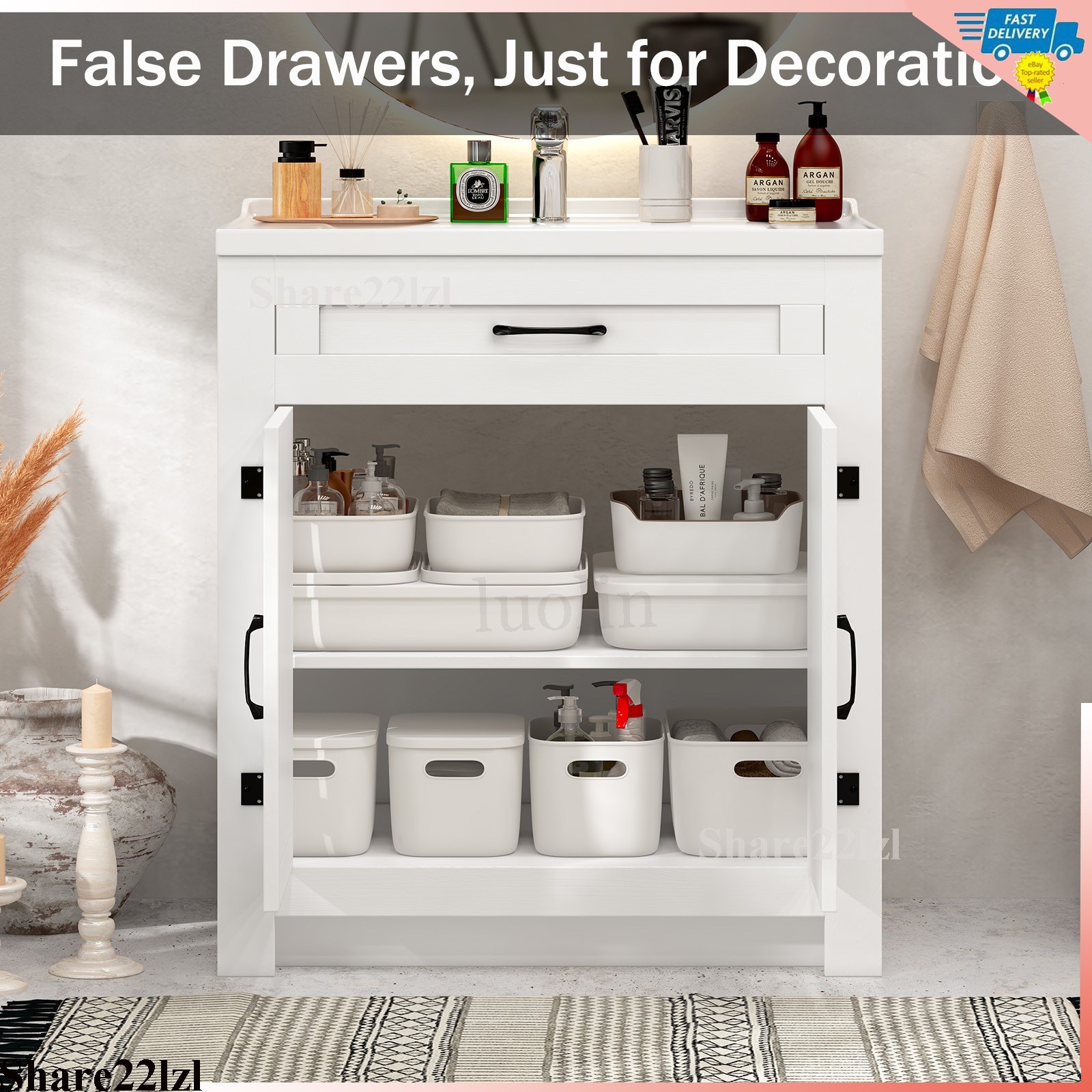 31″ Bathroom Vanity Single Cabinet White Freestanding Cabinets Storage WITH Sink