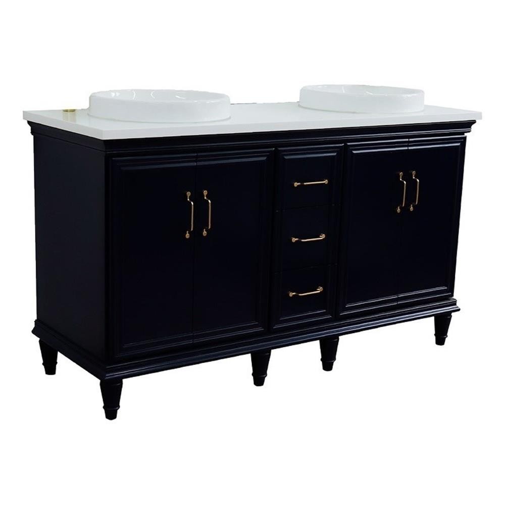 61 in. Double Wooden Vanity Blue White Quartz Round Sink