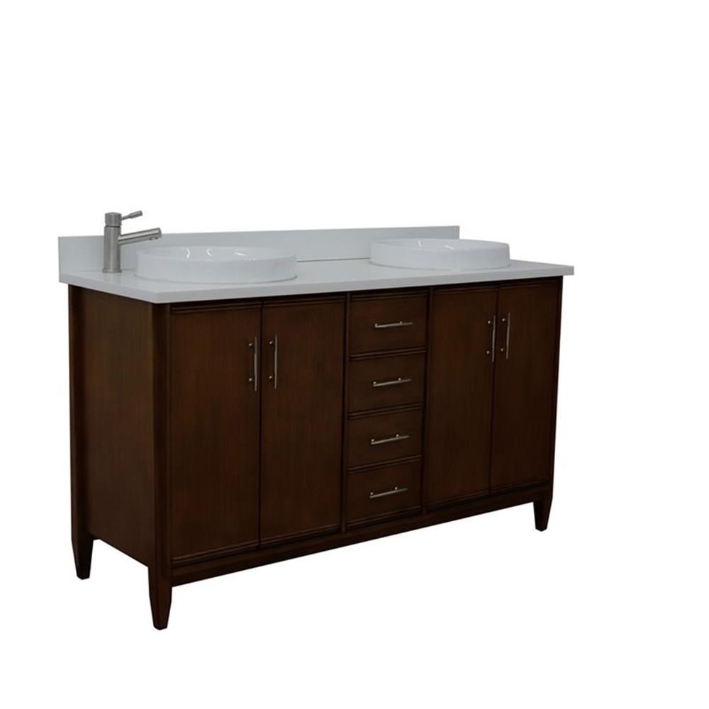 Pemberly Row 61″ Double Round Sink Vanity with White Quartz Stone in Walnut