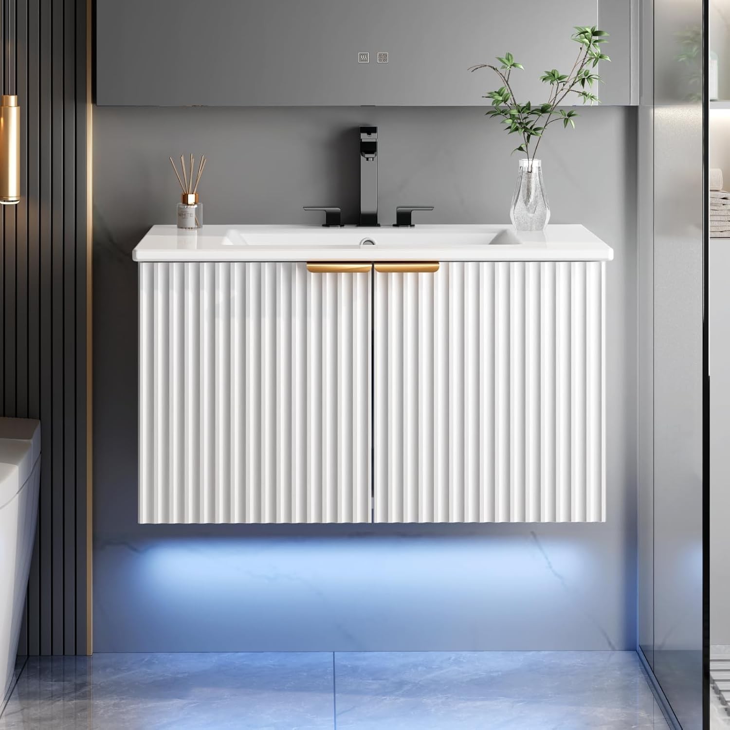 30″ Bathroom Vanity W/ Sink Modern Wall Mounted Floating Vanity Cabinet Modern