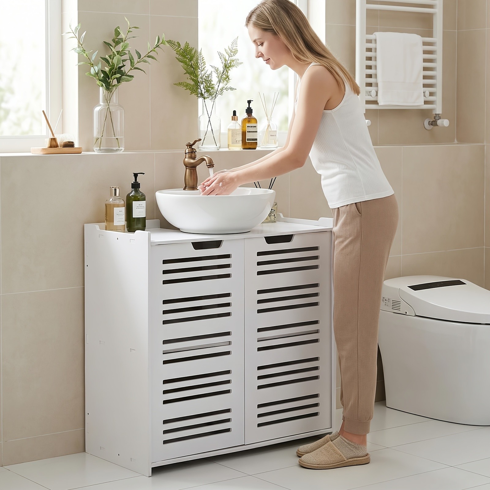 Modern White Bathroom Vanity Cabinet with Storage, Space Saving Under Sink Organ