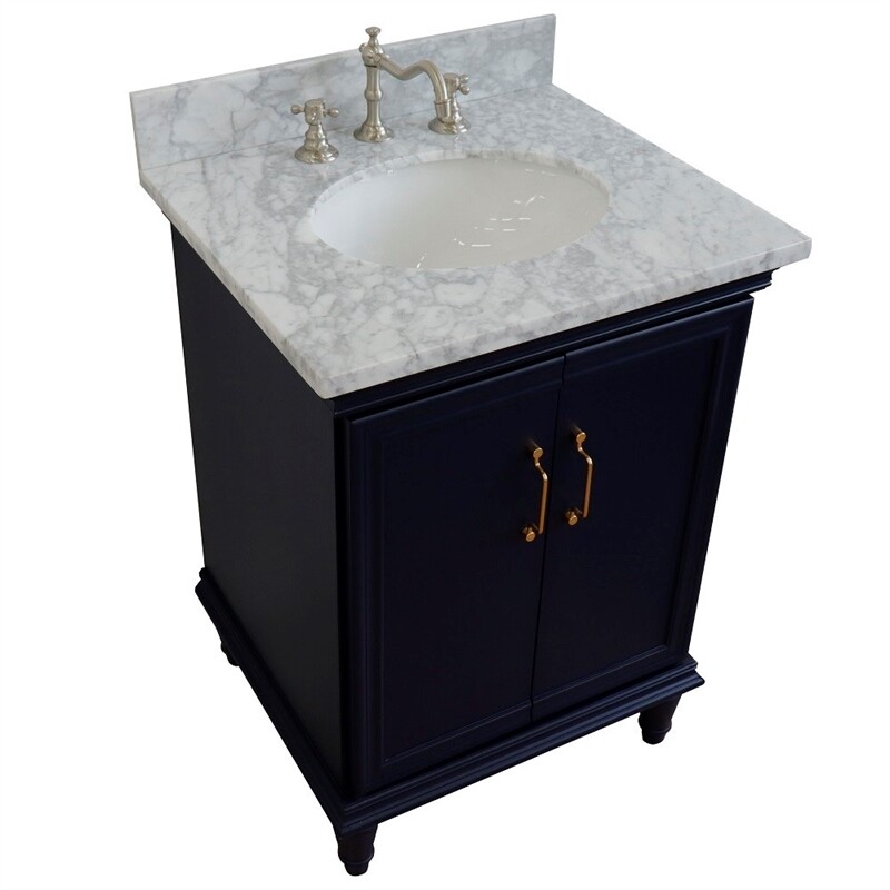 25 in. Single Wooden Vanity Blue with White Carrara Oval Sink