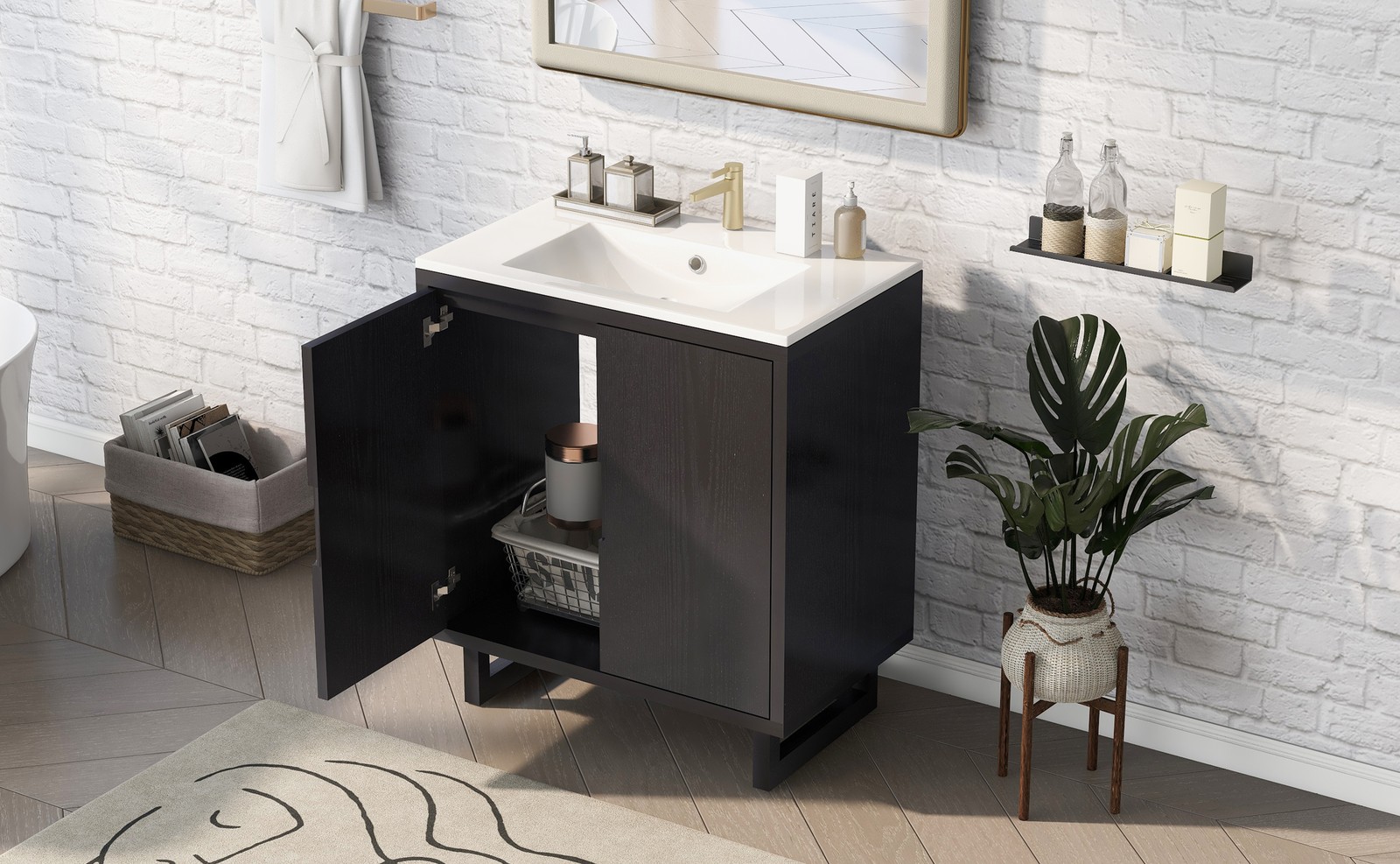 30″ Bathroom Vanity Set with Sink, Solid Wood Frame, Black Cabinet