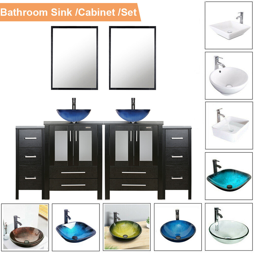 72″ Bathroom Vanity Black Set Mirror 2 Side Cabinet Vessel Glass/Ceramic Sink