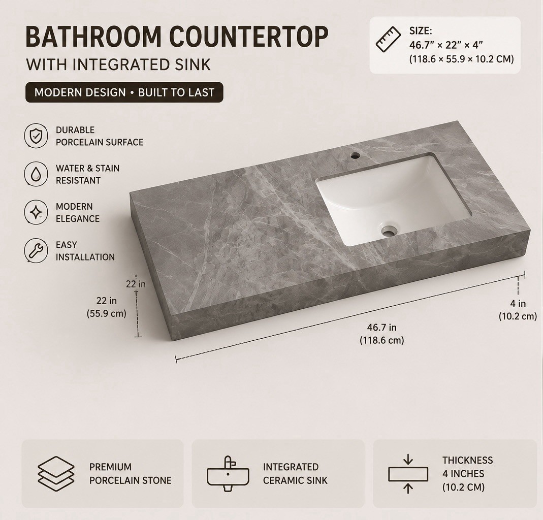 46.7” Bathroom countertop Integrated Ceramic Sink Gray Marble Look Countertop