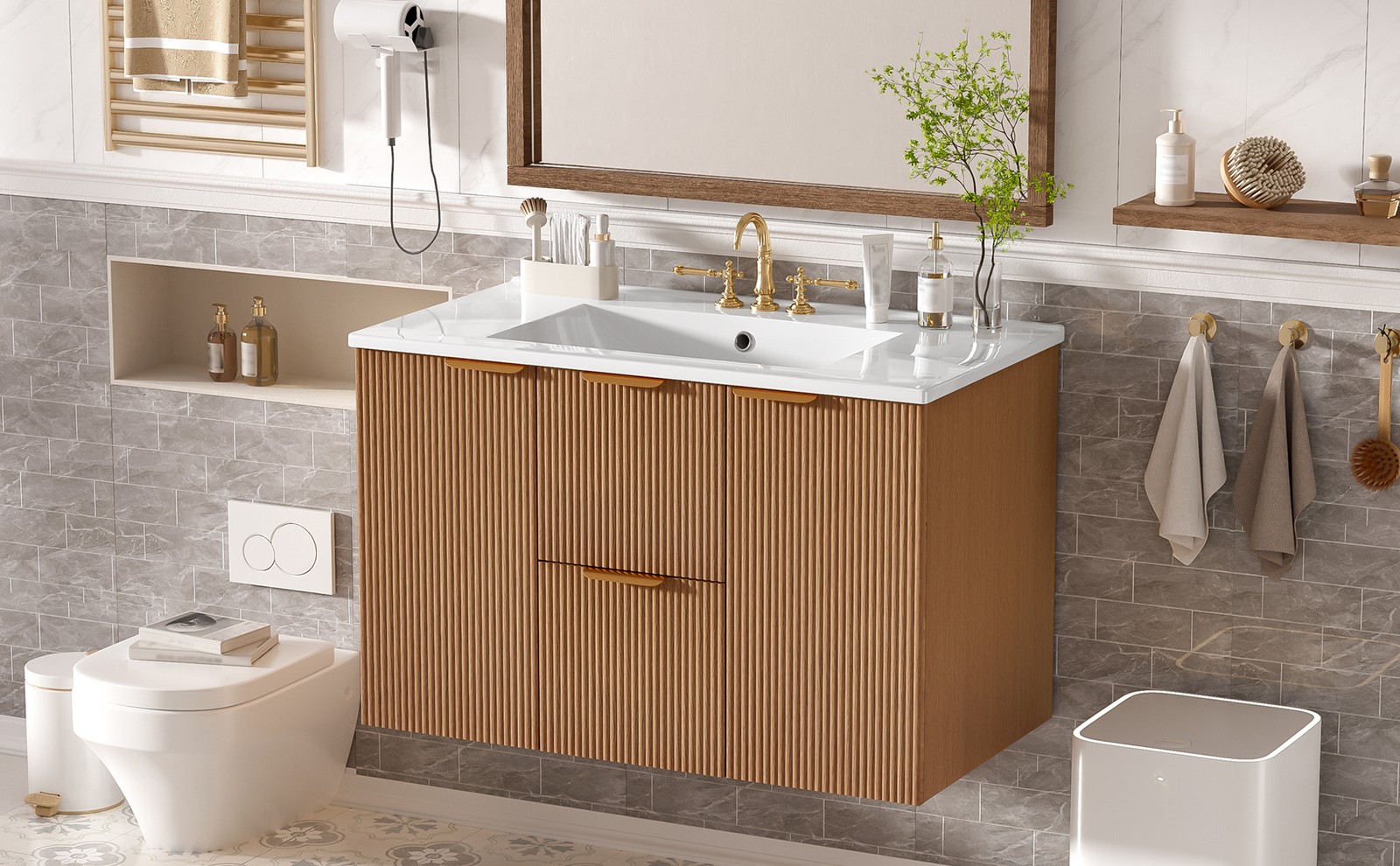 36 Inch Single Sink Bathroom Vanity with Ceramic Top, MDF Cabinet