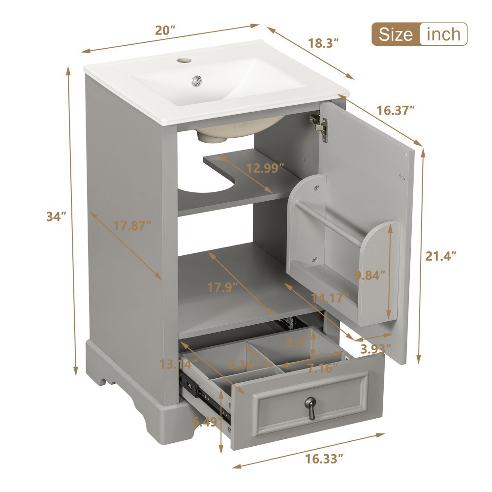 Modern 20″ Bathroom Vanity with Ceramic Sink, Soft Close Door, Adjustable Shelf