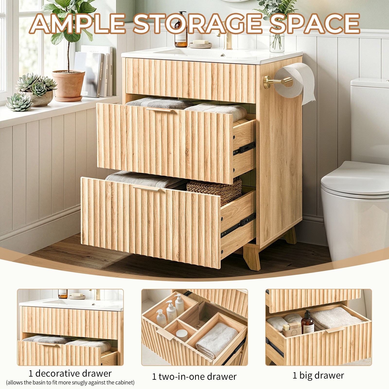 24″ Bathroom Vanity with Ceramic Sink Overflow Freestanding Cabinet Guest Baths