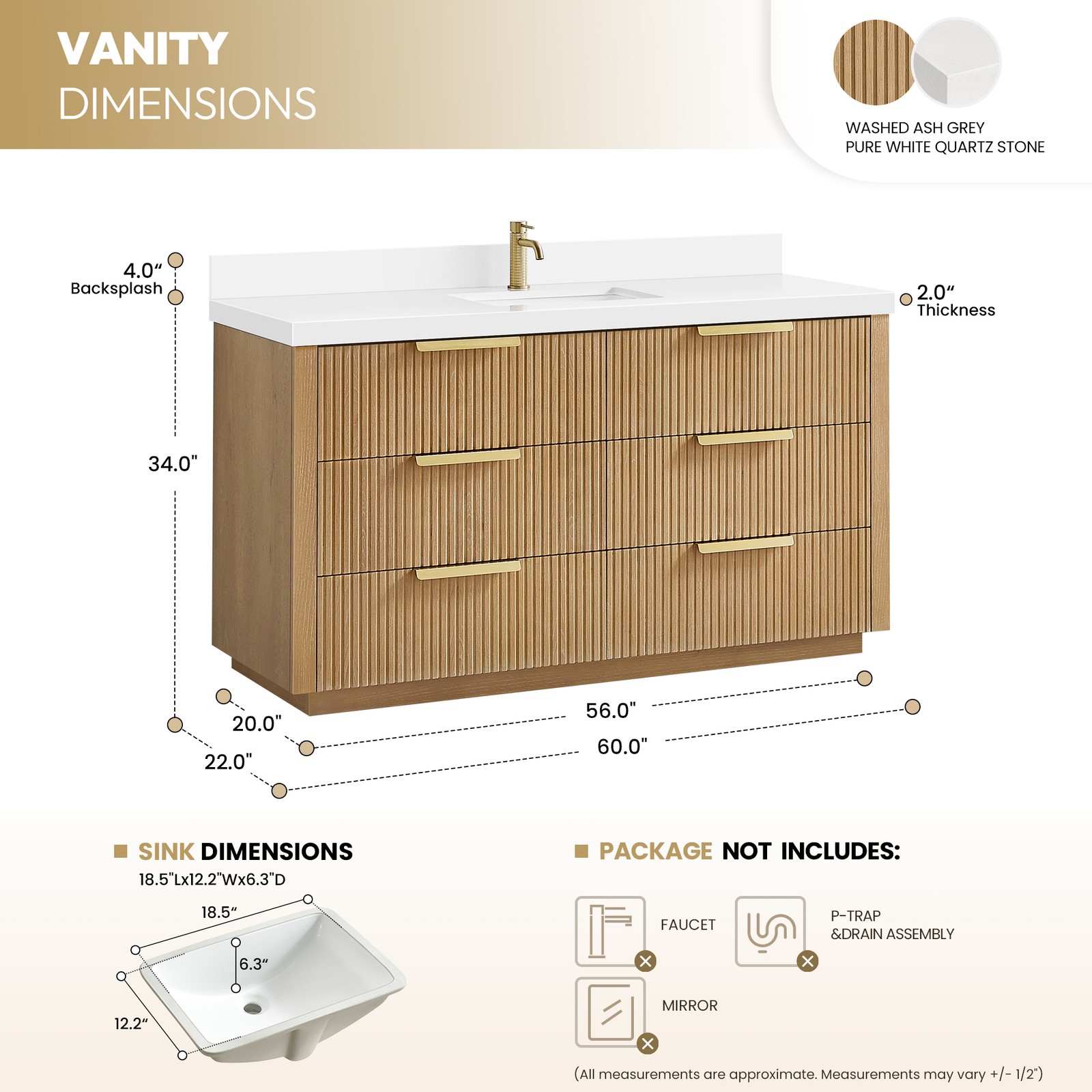 Santarem 60″ Single Bath Vanity in Washed Ash Grey with White Quartz Stone Top