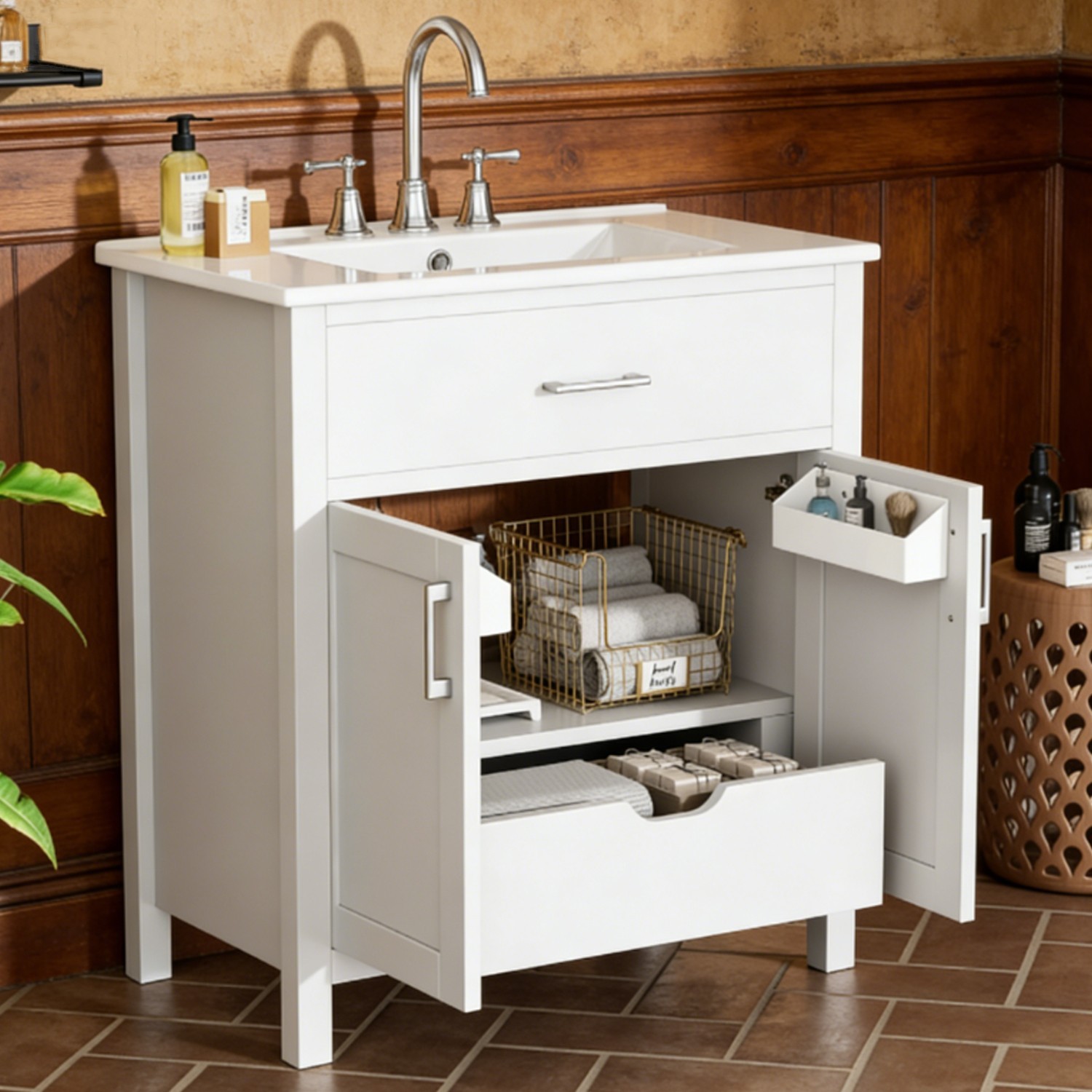 Extra Large Capacity 30″Vanity For Bathroom White Freestanding Bathroom Vanity