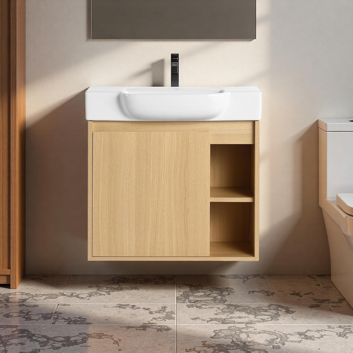 Modern 24″ Wall-Mounted Bathroom Vanity with Ceramic Sink & Open Shelves, Light