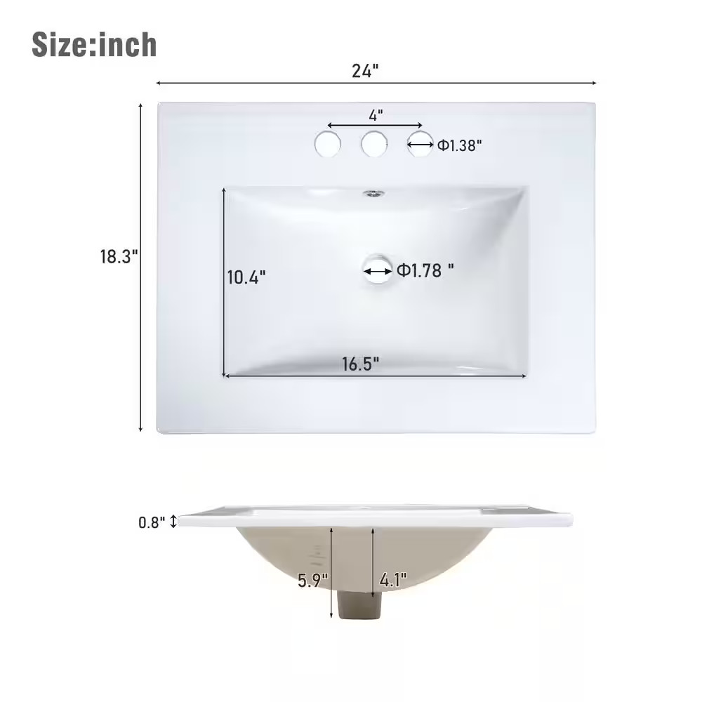 24 In. W Single Sink Freestanding Bath Vanity in White with White Ceramic Top an
