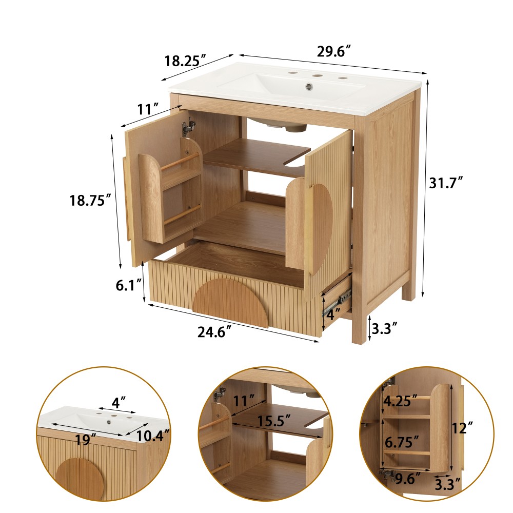 30 Inch Fluted Bathroom Vanity with Sink – Freestanding Modern Wood Cabinet