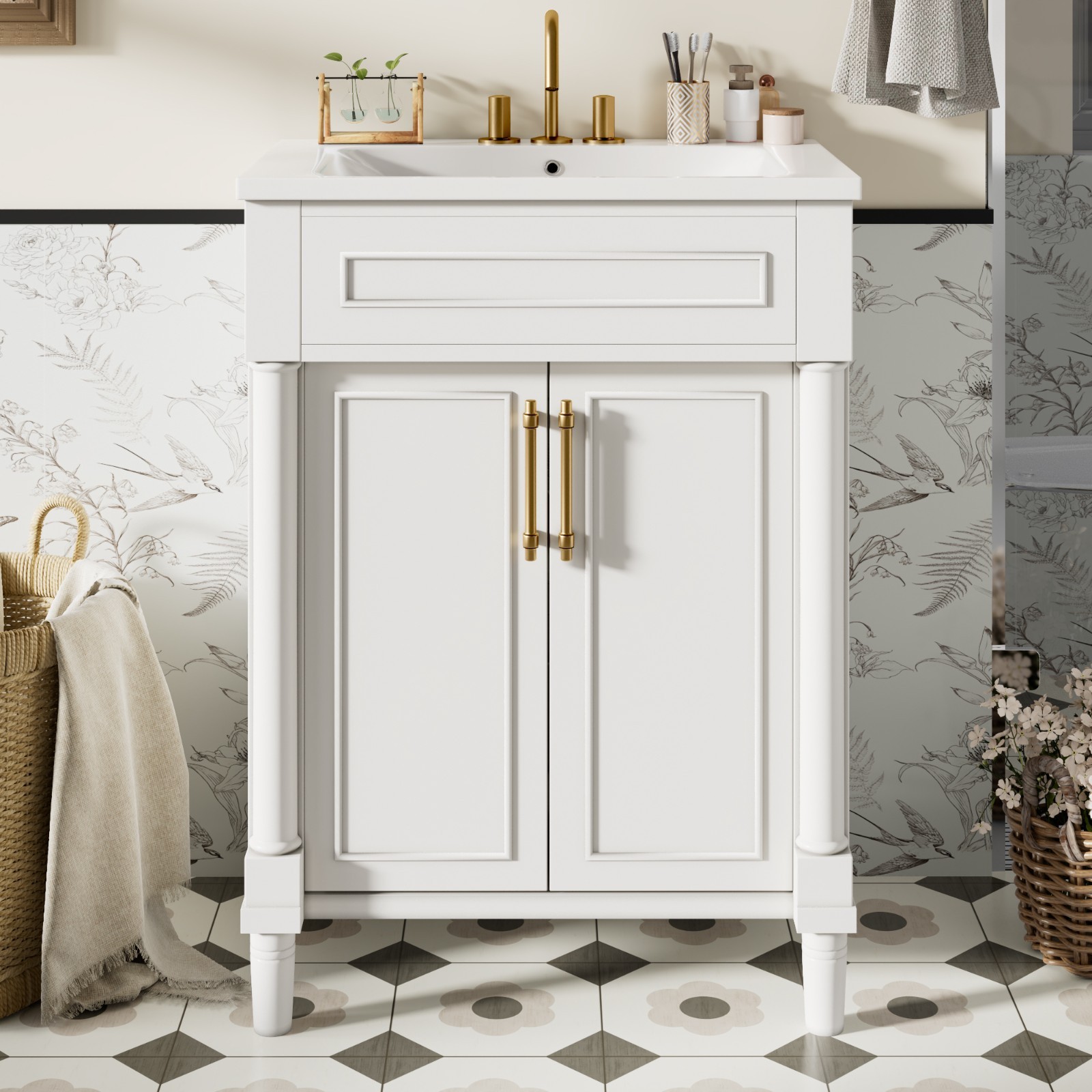 24″ Bathroom Vanity with Integrated Ceramic Sink, Bathroom Cabinet with 2 Doors