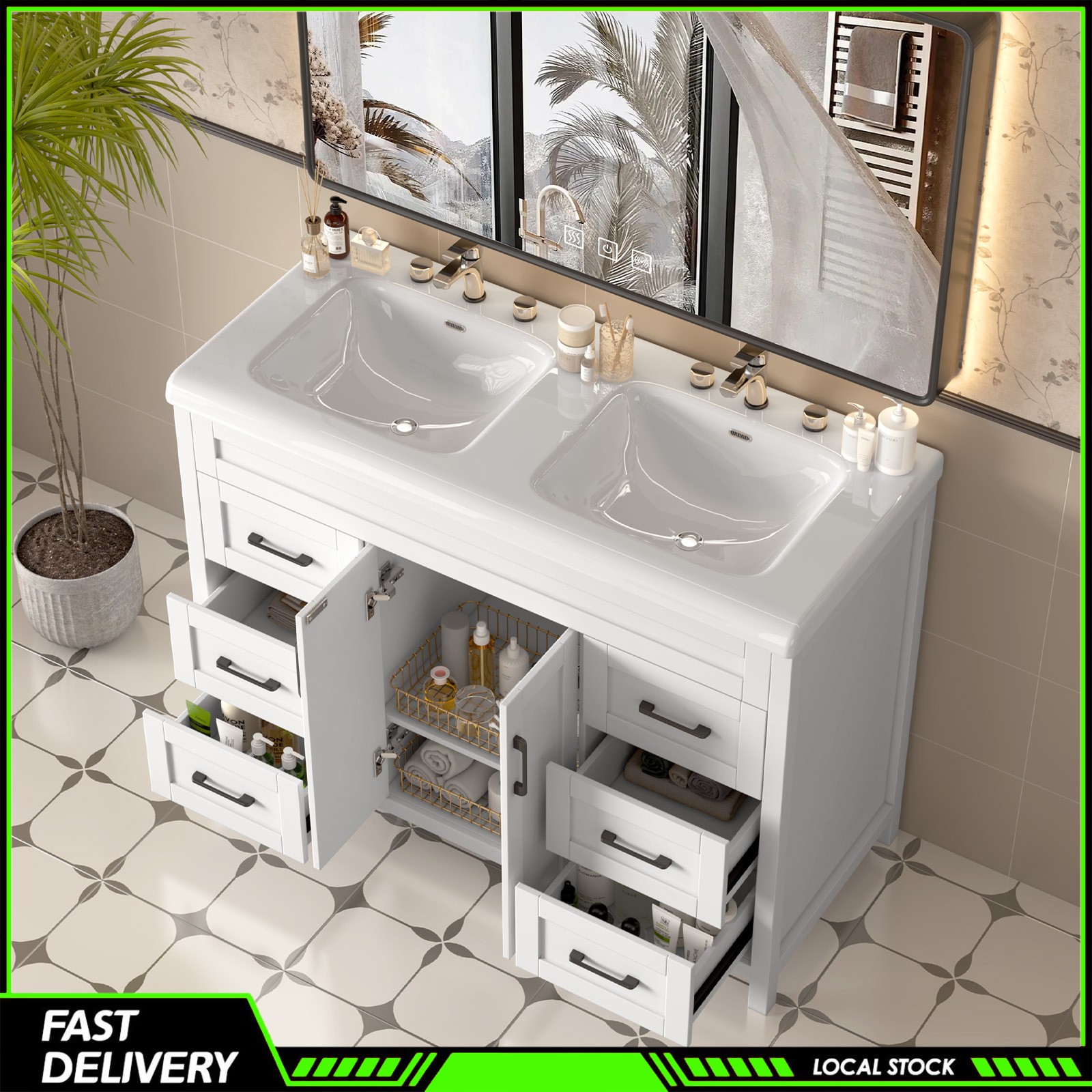 Modern 47 Inch Bathroom Vanity Double Ceramic Sinks Freestanding Drawer Cabinet