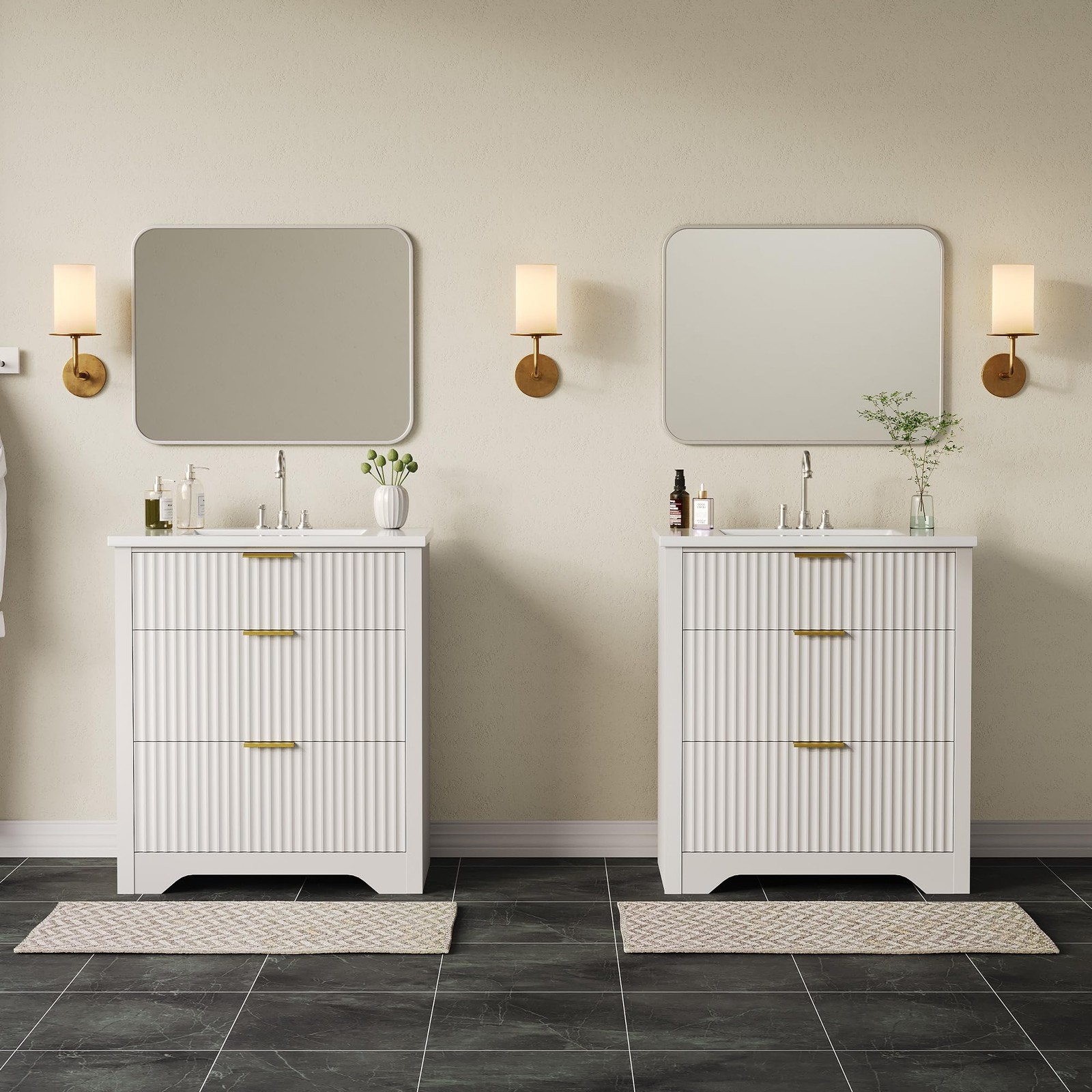 Bathroom Vanity w/ Sink,Fluted Freestanding Vanity Cabinet,Ceramic Basin Vanity