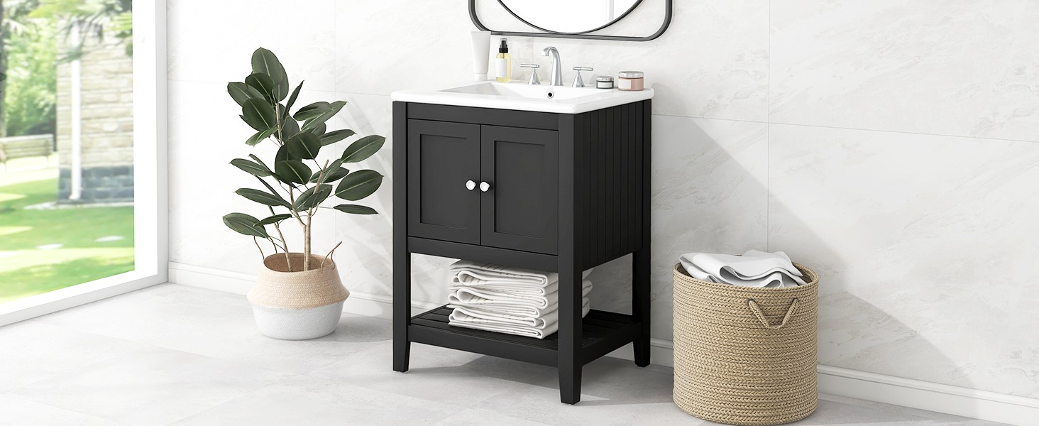 24″ Black Modern Bathroom Vanity with Ceramic Sink & Wood Frame
