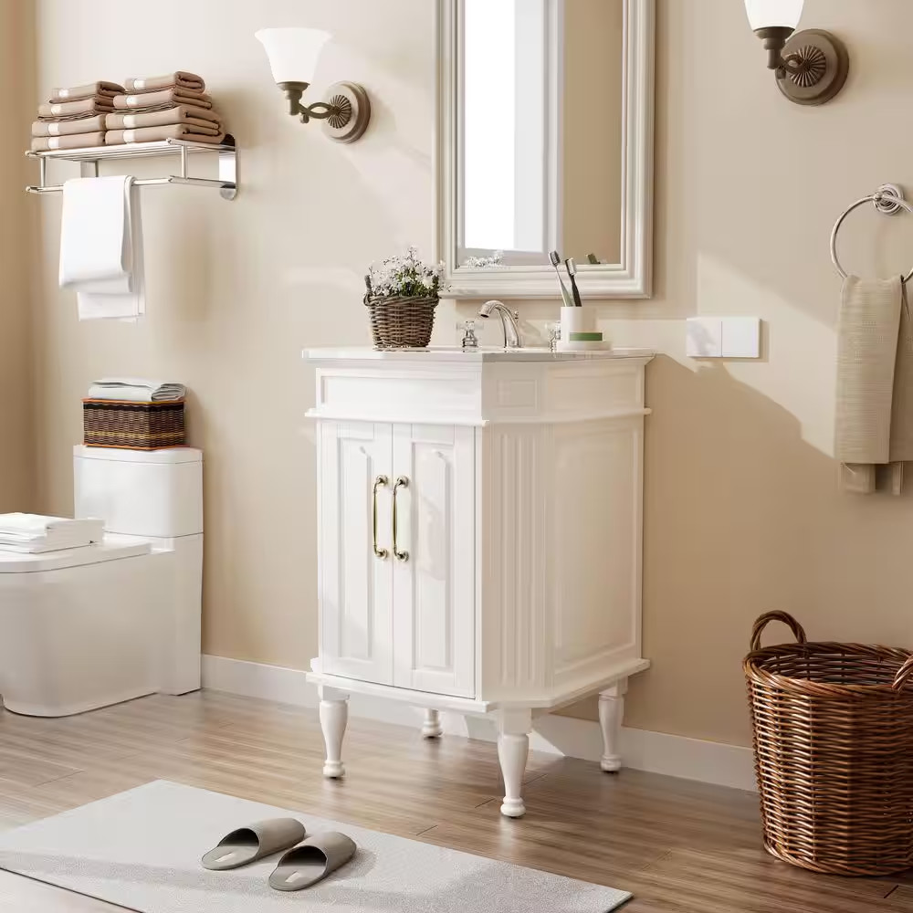 24 In. White Wood Single Sink Freestanding Bathroom Vanity with White Marble Top