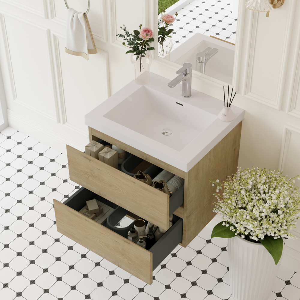 24″ 30″ 36″ Wall Mounted Bathroom Vanity with Sink, Floating Cabinet, 2 Drawers
