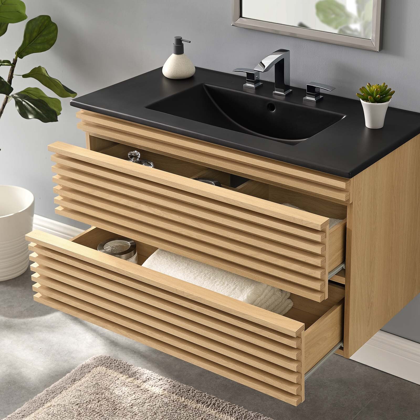 Modway Render 36″ Wall-Mount Bathroom Vanity in Oak Black