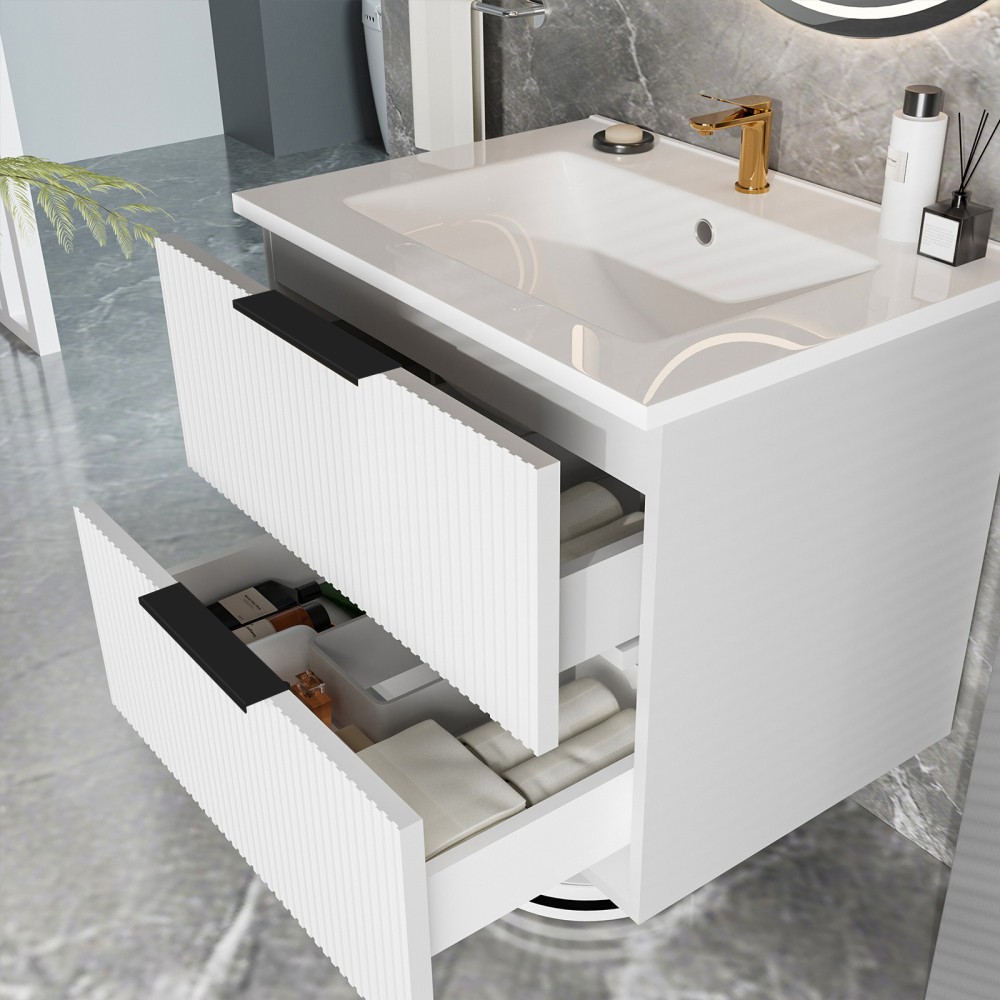 Bathroom Vanity Cabinet W Ceramic Sink Drawers Wall Mounted Fluted Vanity