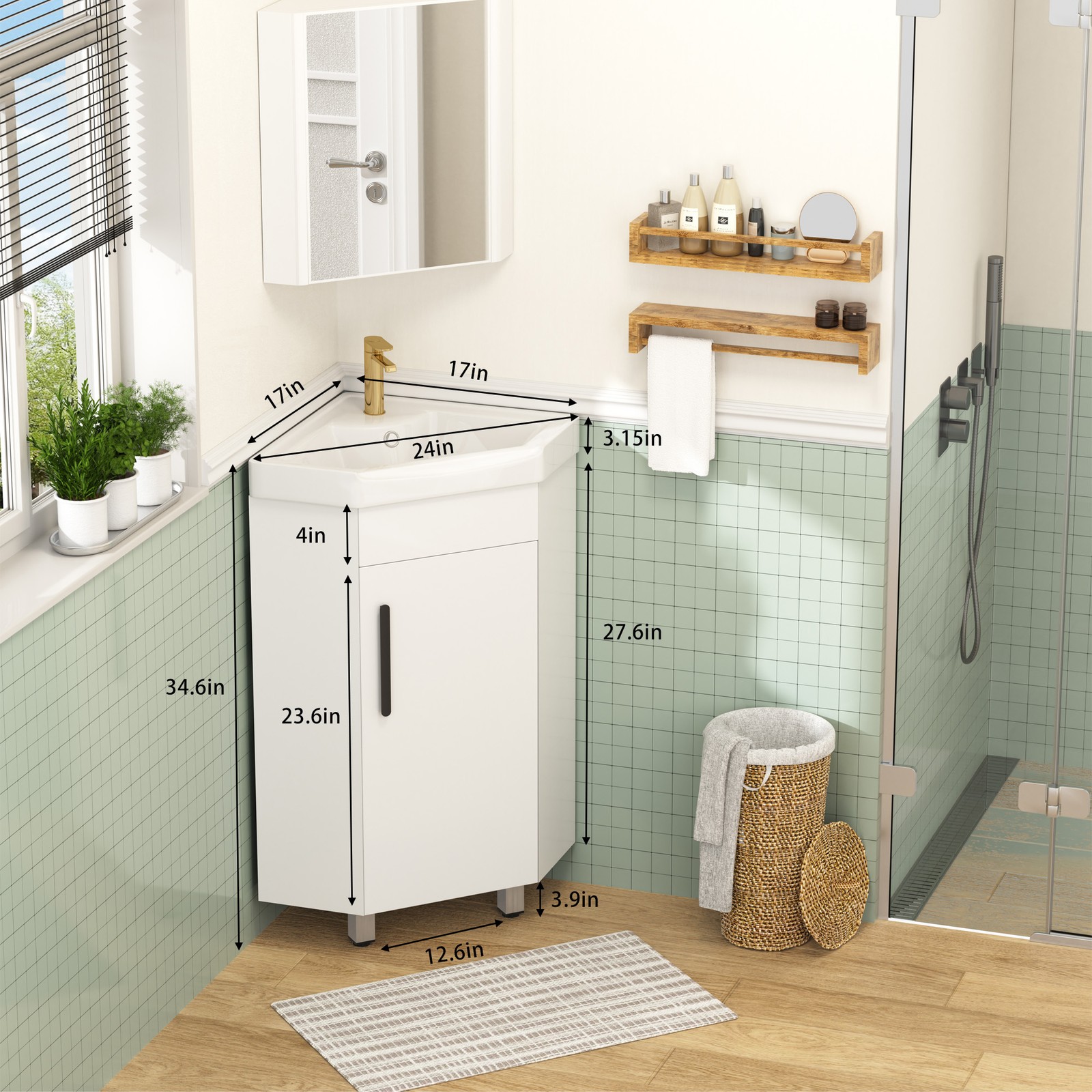 24″ Corner Bathroom Vanity with Sink for Small Compact Space Freestanding White