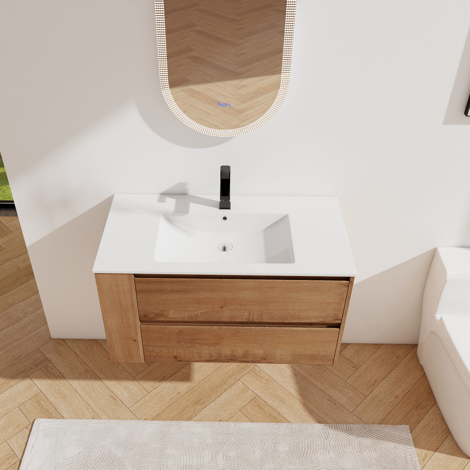 36inch Wooden Floating Wall Mounted Bathroom Vanity W/ Side Shelf Ceramic Sink