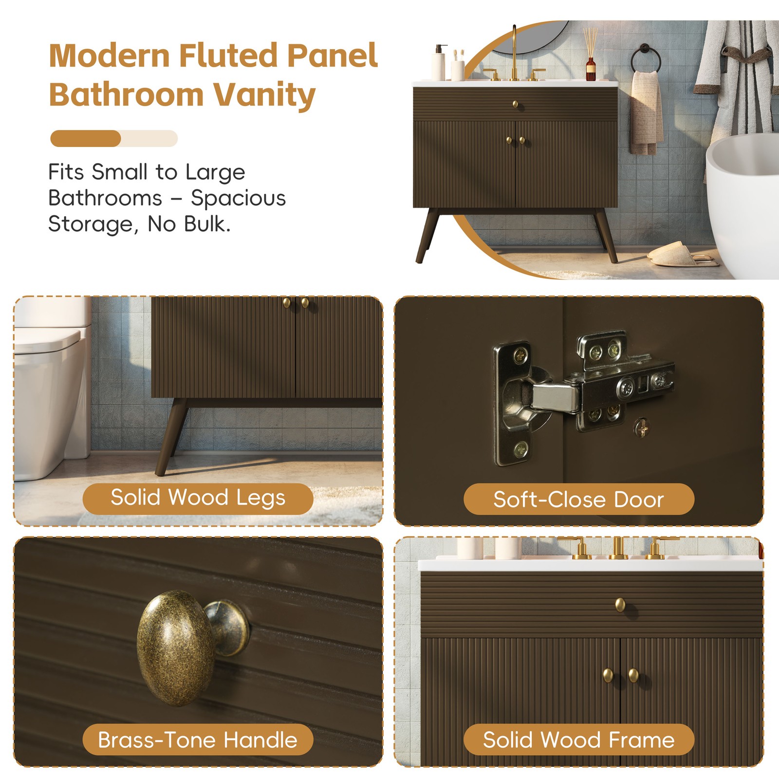 36″ Striped Bathroom Vanity, Soft-Close Dual-Door & Ceramic Sink, Dark Brown