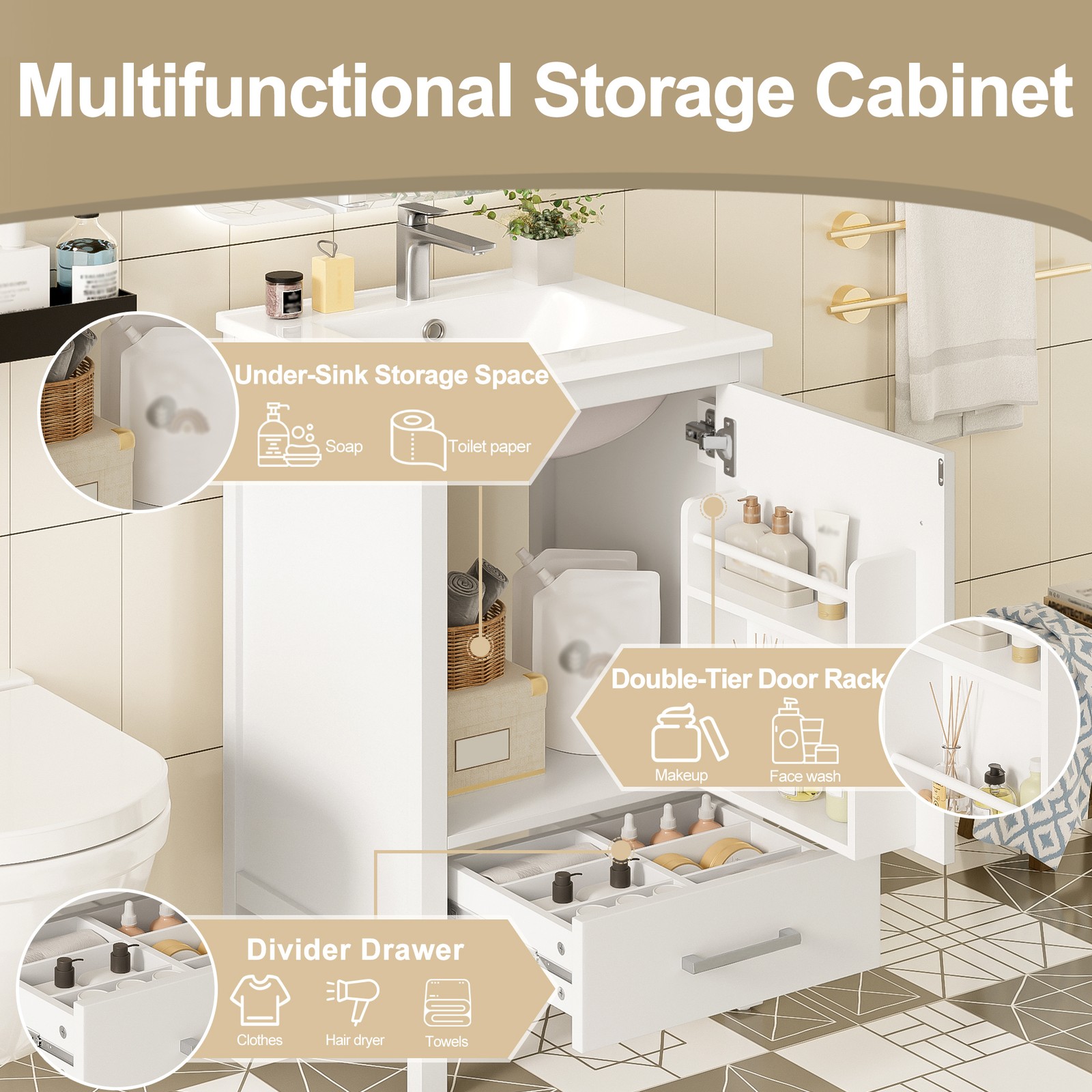 Modern Bathroom Vanity w/Ceramic Sink,Storage Cabinet w/Soft-Close Drawer & Door