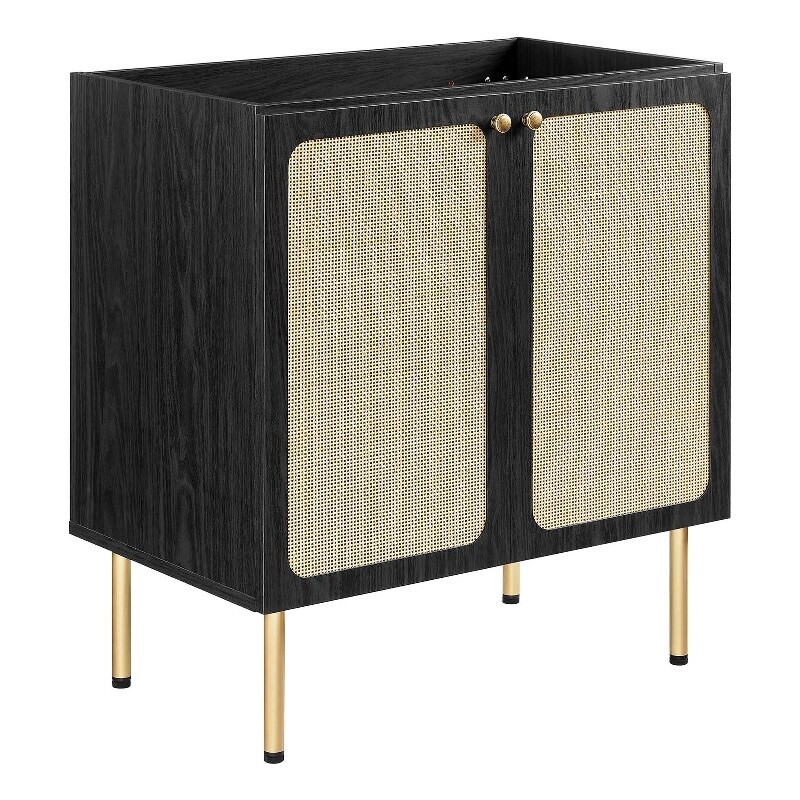 Modway Chaucer 30″ Wood & Rattan Bathroom Vanity Cabinet in Black