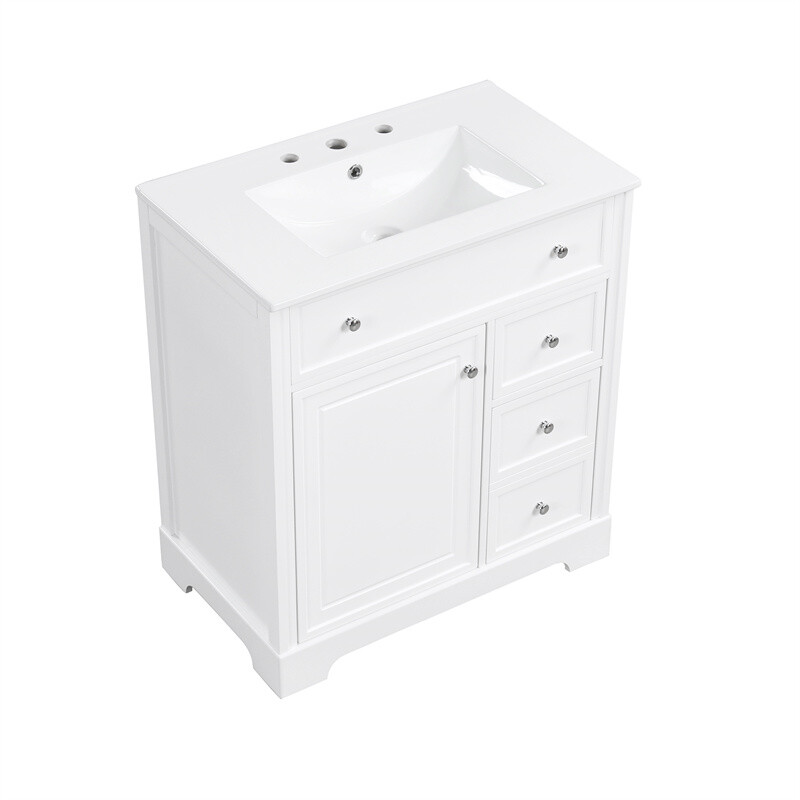30″ White Bathroom Vanity with Ceramic Sink Set Storage Cabinet w/Door & Drawers
