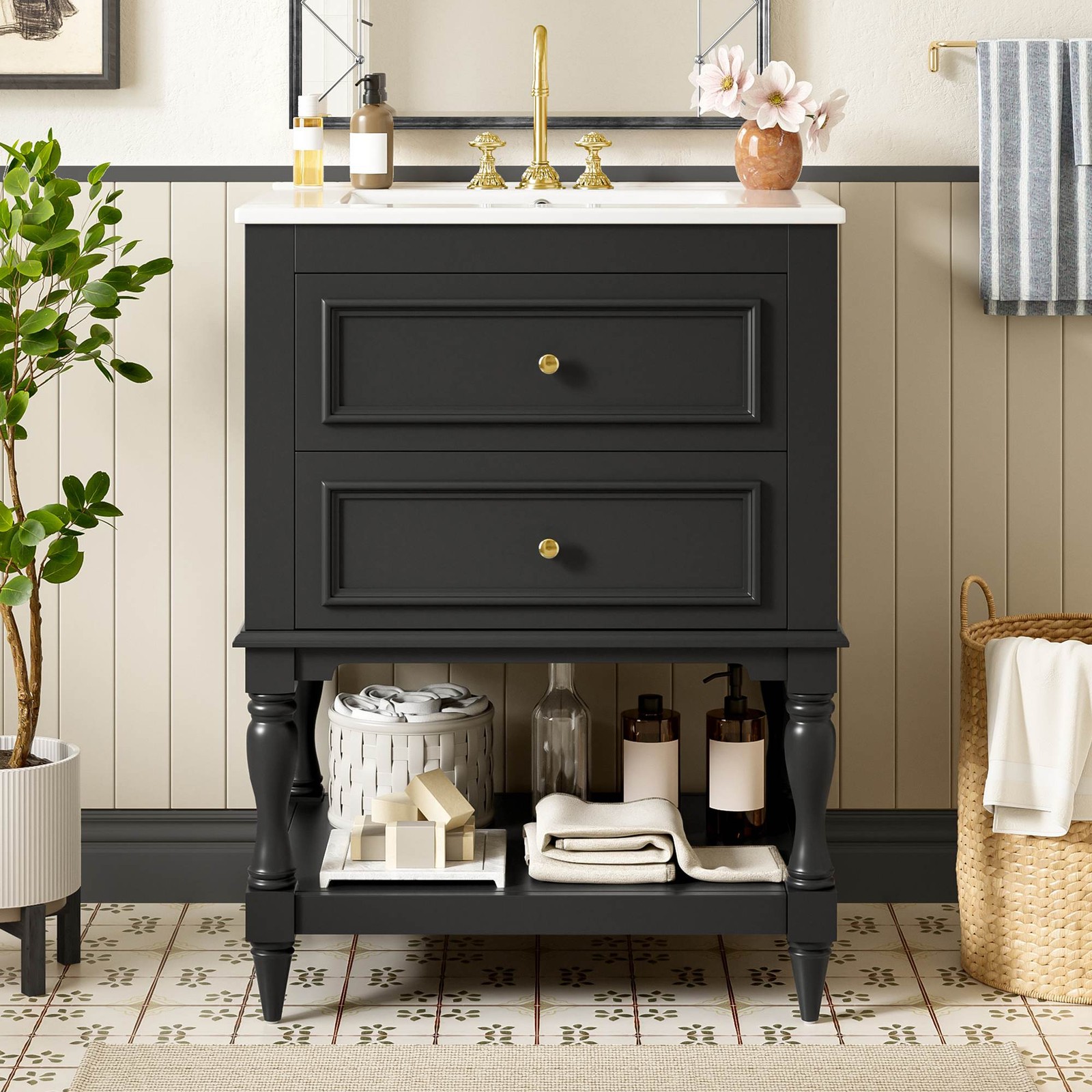 FUNIDEE 24″ Bathroom Vanity with Ceramic Sink Storage Cabinet w/ 2 Drawers Black