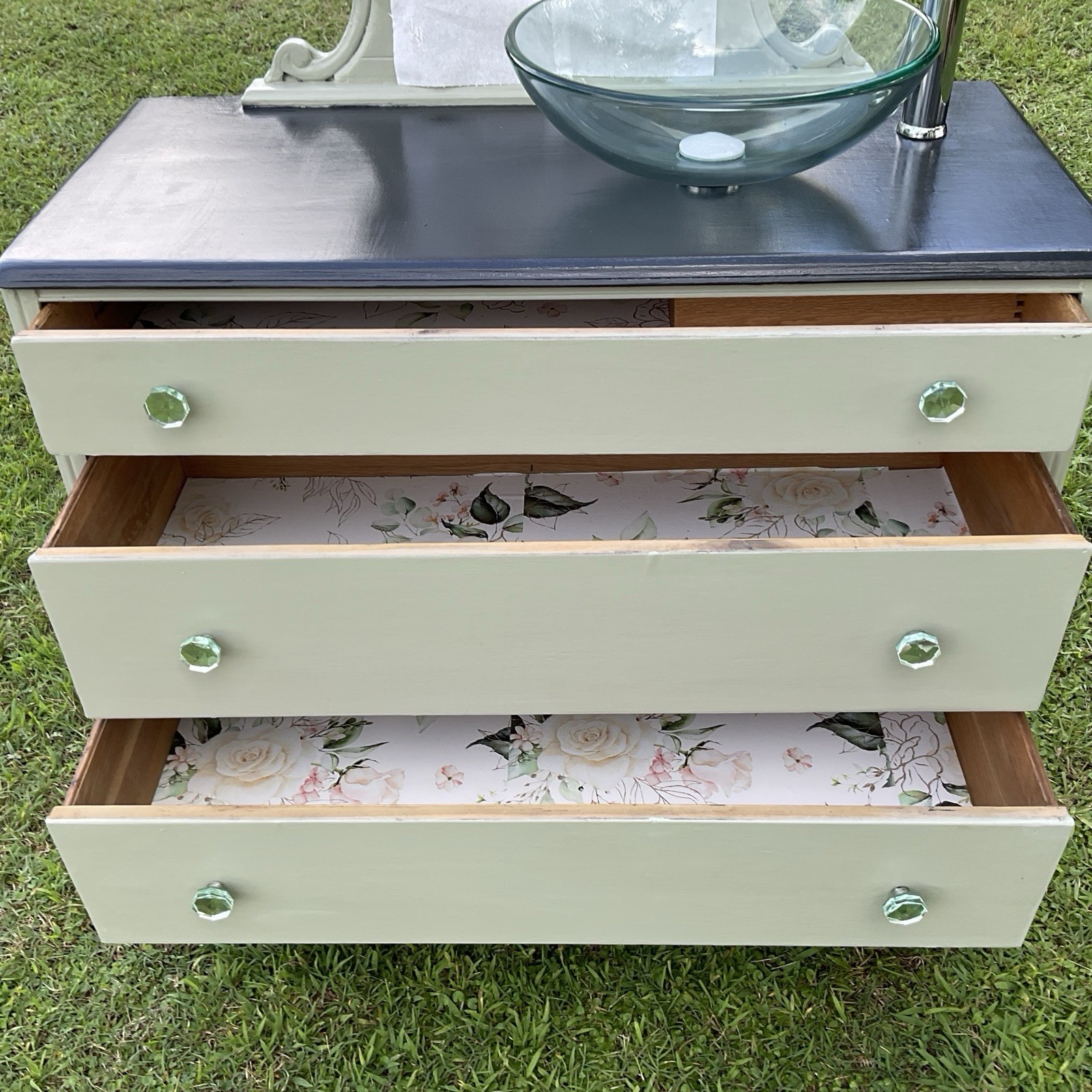 Green & Gray Dresser Repurposed Into Bathroom Vanity With Clear Glass Sink