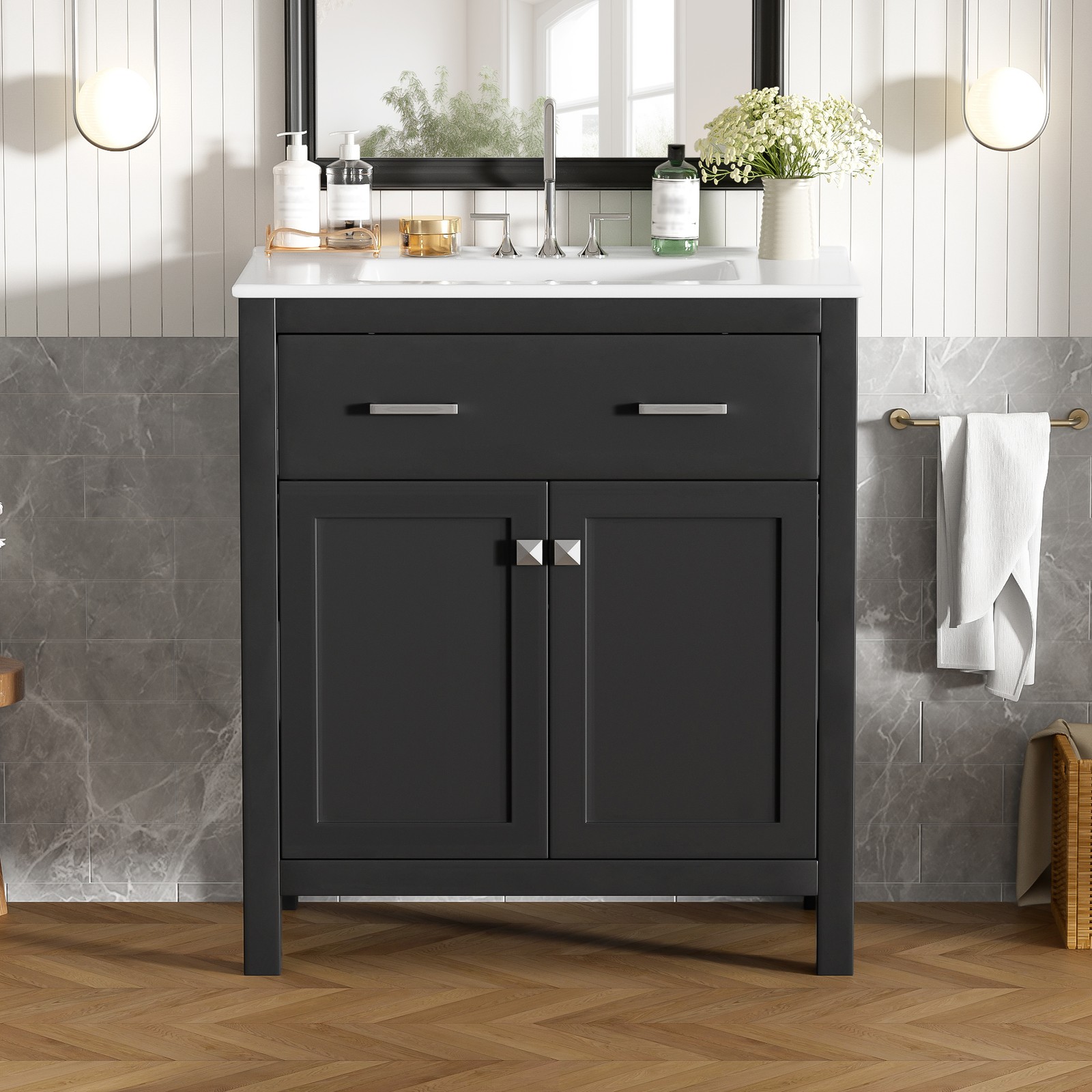 30″ Bathroom Vanity with Ceramic Sink, Modern Black Single Bathroom Cabinet